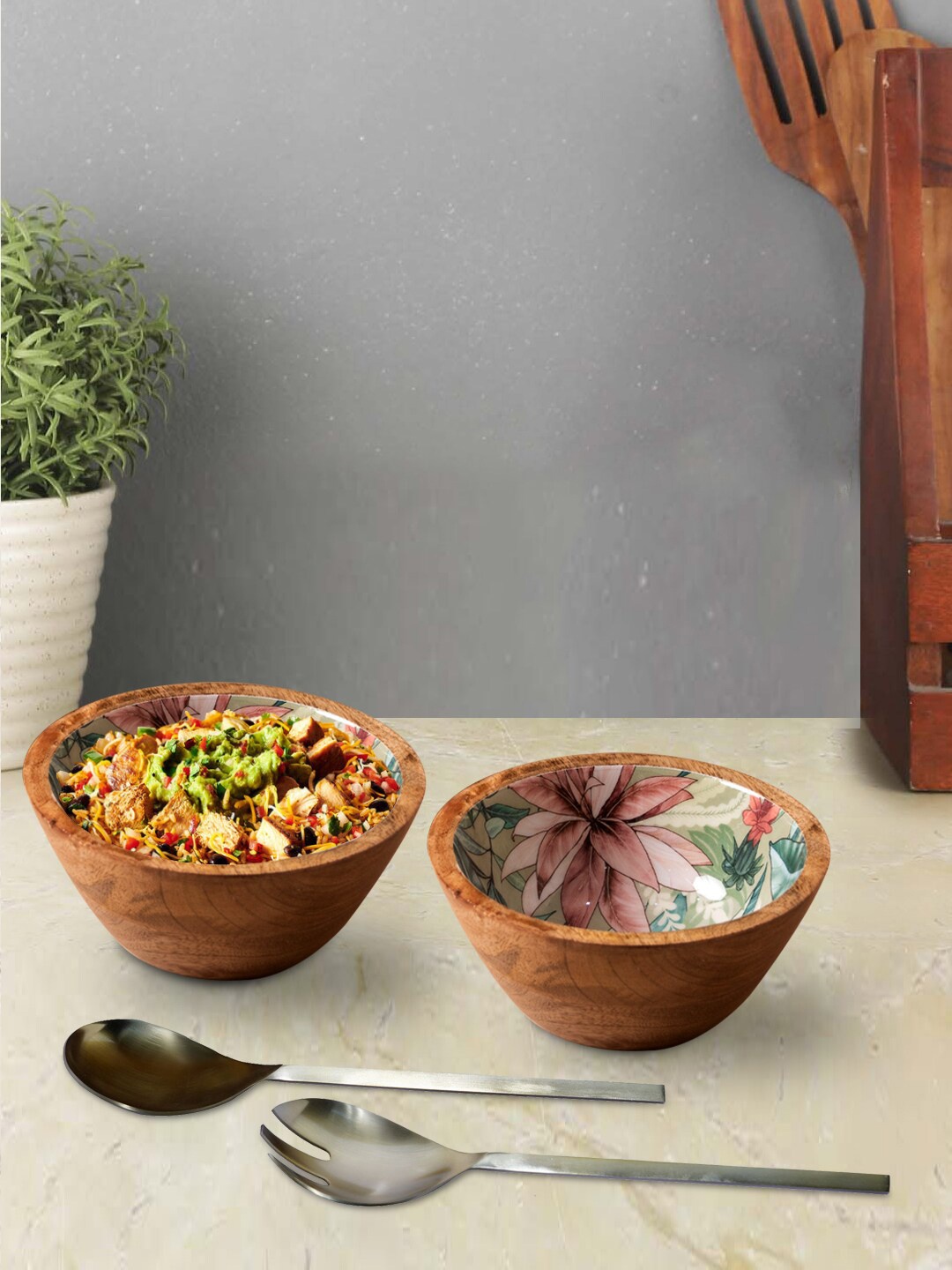 

nestroots Wooden Set Of 2 Bowls With Serving Spoon Set, Brown