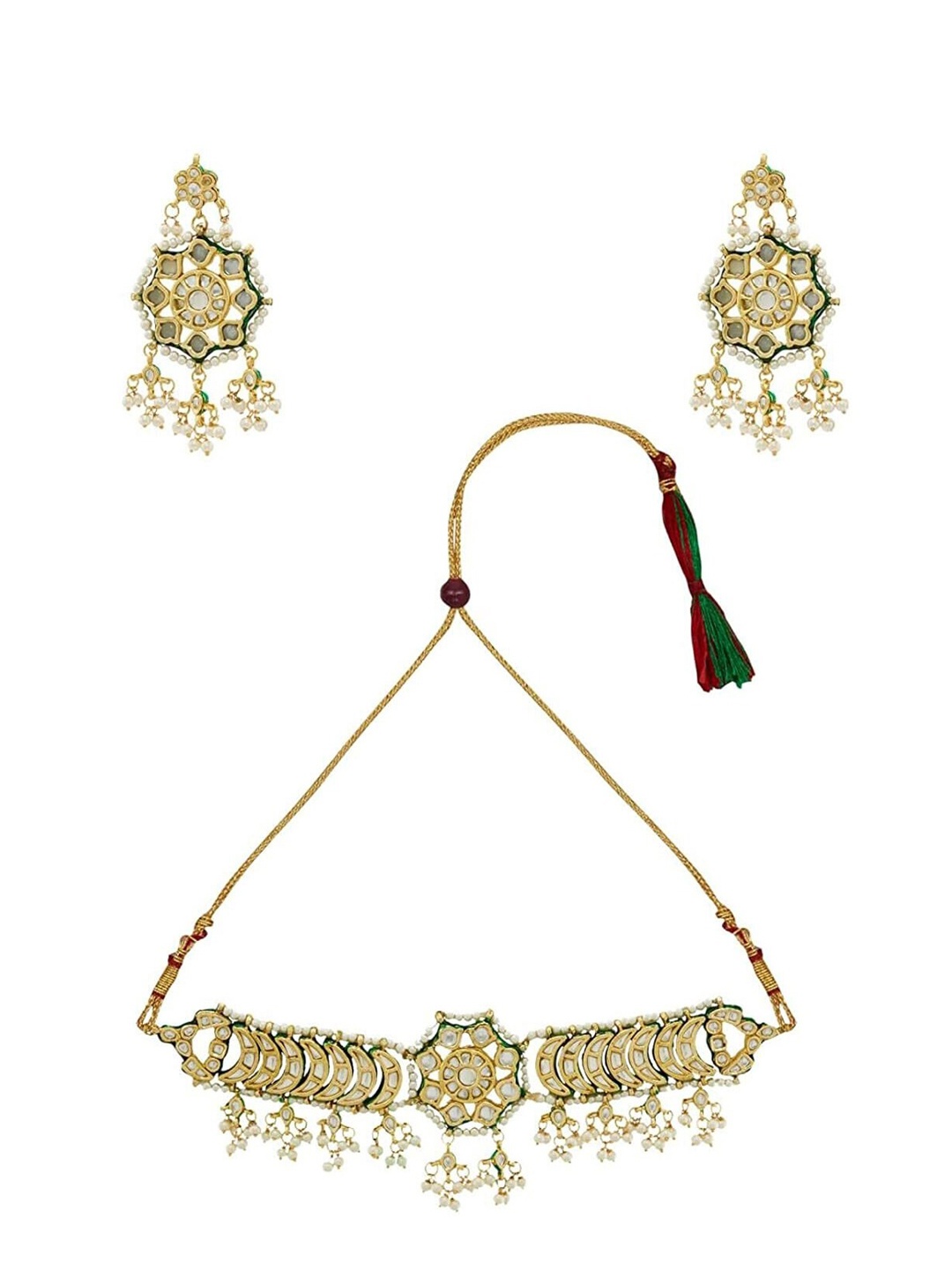 

Runjhun Gold-Plated Green & White Kundan-Studded & Beaded Jadau Jewellery Set