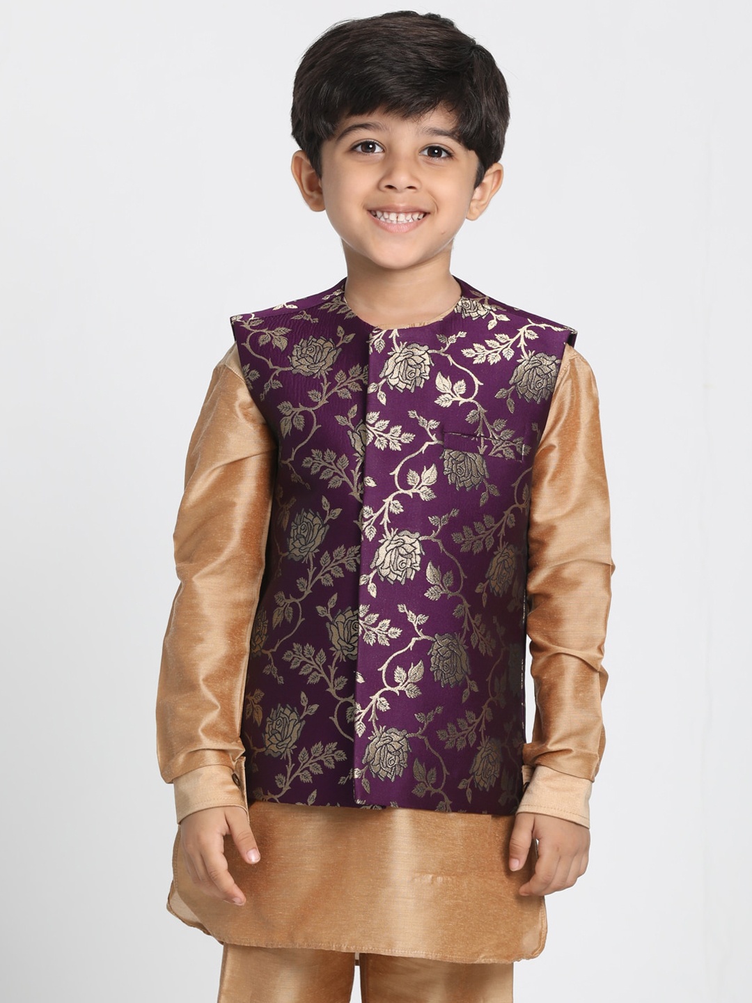 

VASTRAMAY Boys Purple & Gold Woven Design Slim-Fit Nehru Jacket