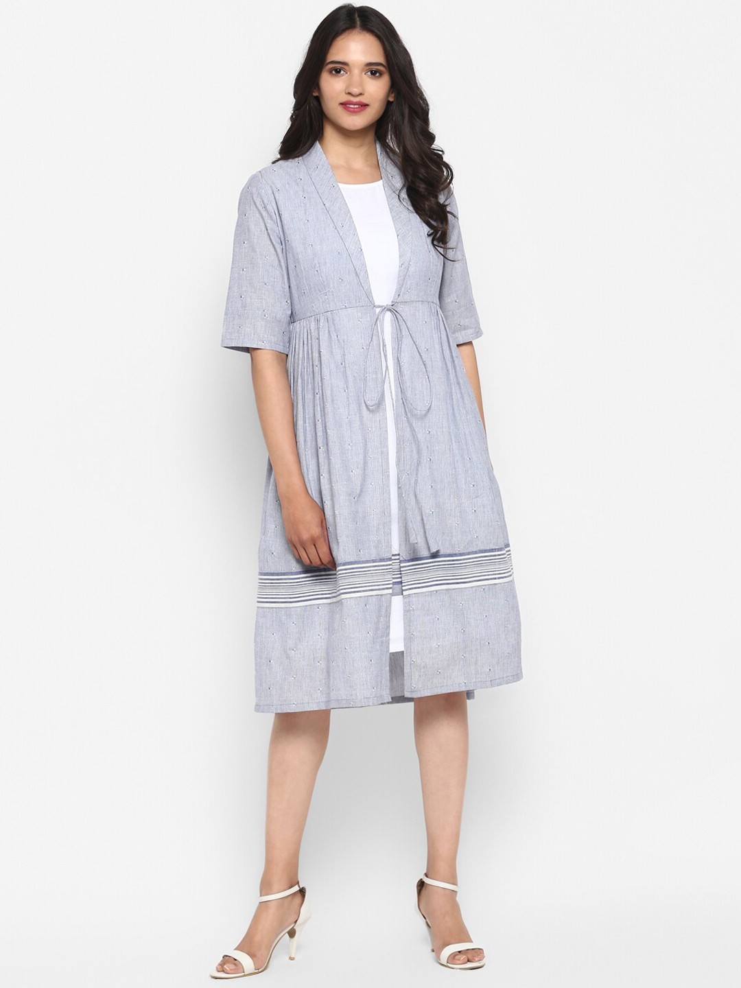 

DEEBACO Women Blue Embroidered Longline Tie-Up Cotton Shrug With Inner
