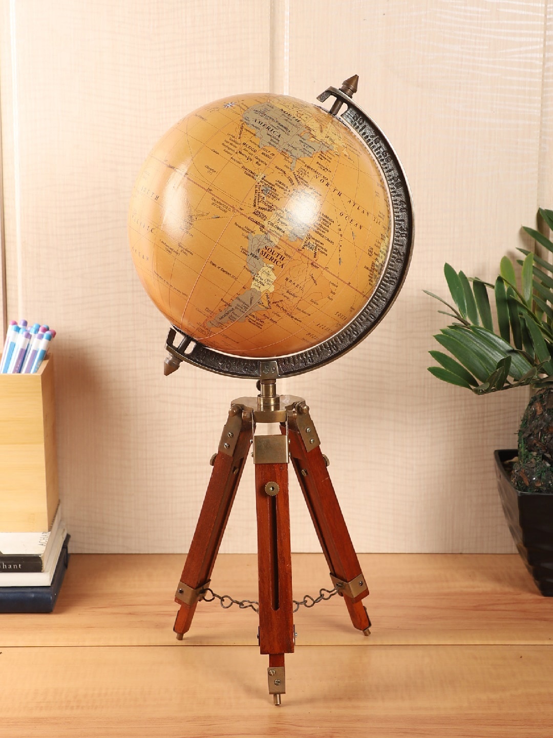 

EXIM DECOR Orange Globe With Wooden Tripod Stand
