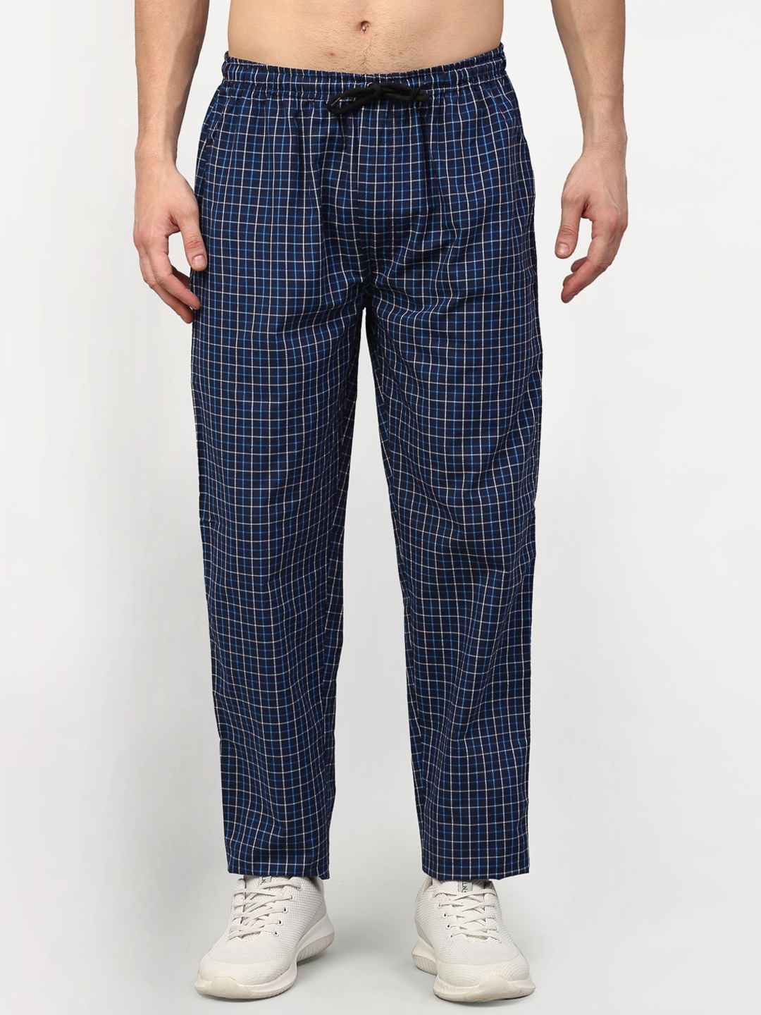 JAINISH Men Navy Blue Checked Pure Cotton Track Pants