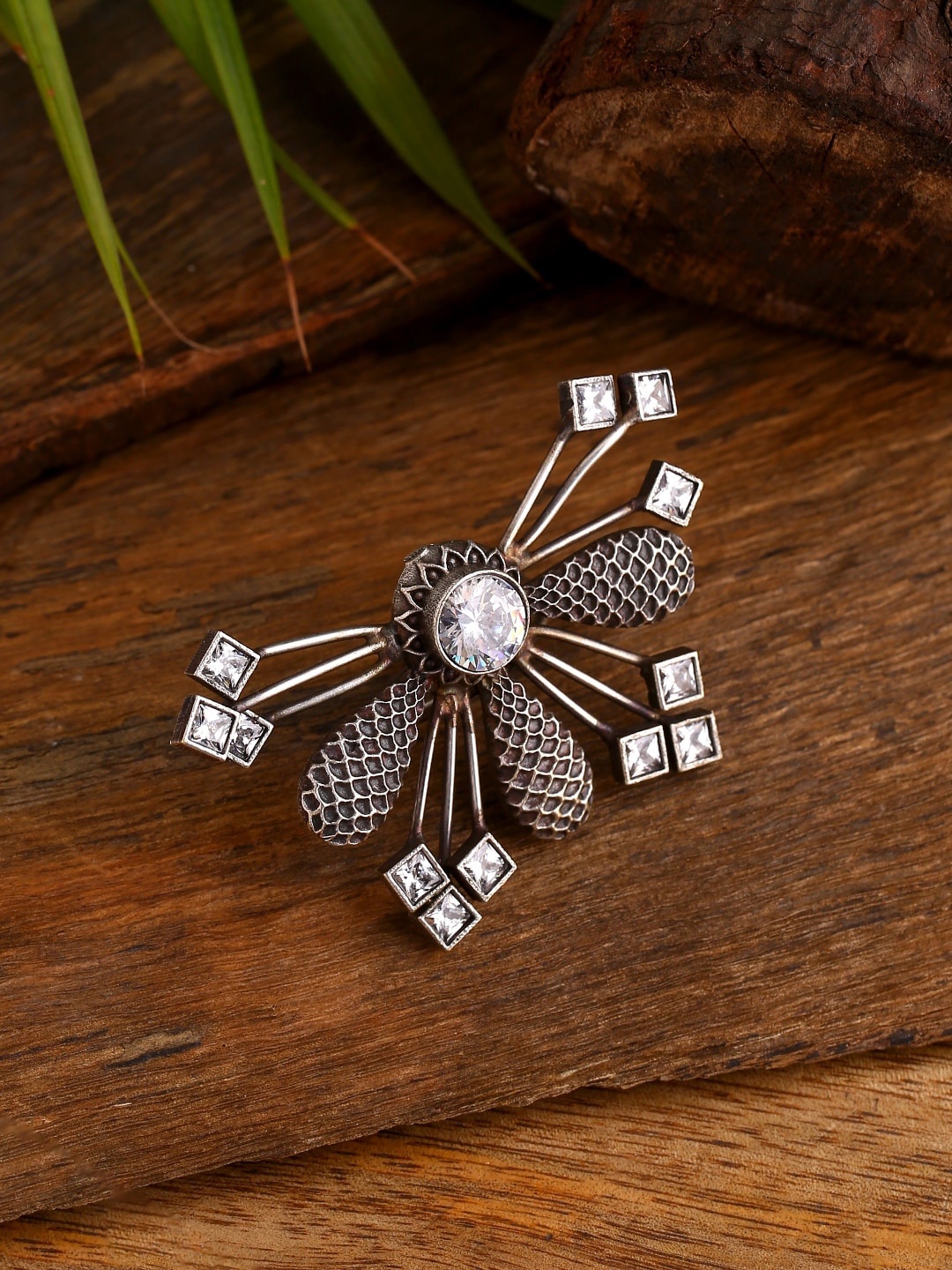 

Infuzze Oxidised Silver-Plated White Stone-Studded Adjustable Finger Ring