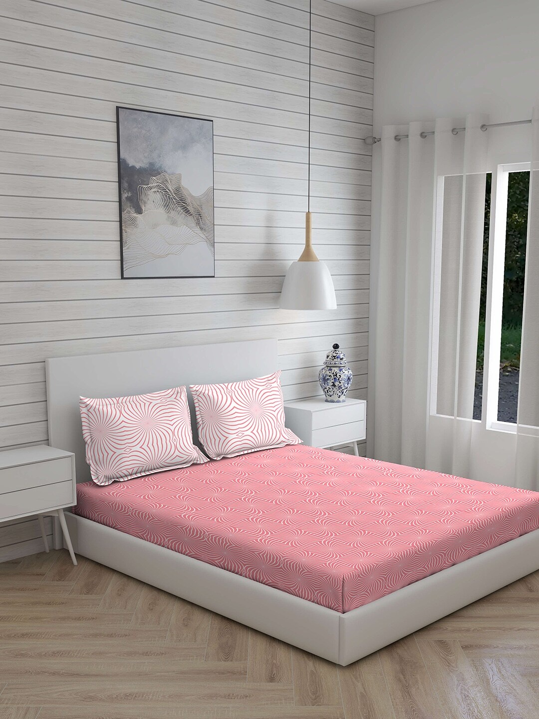 

Layers Pink & White Abstract 104 TC Cotton 1 Queen Bedsheet with 2 Pillow Covers