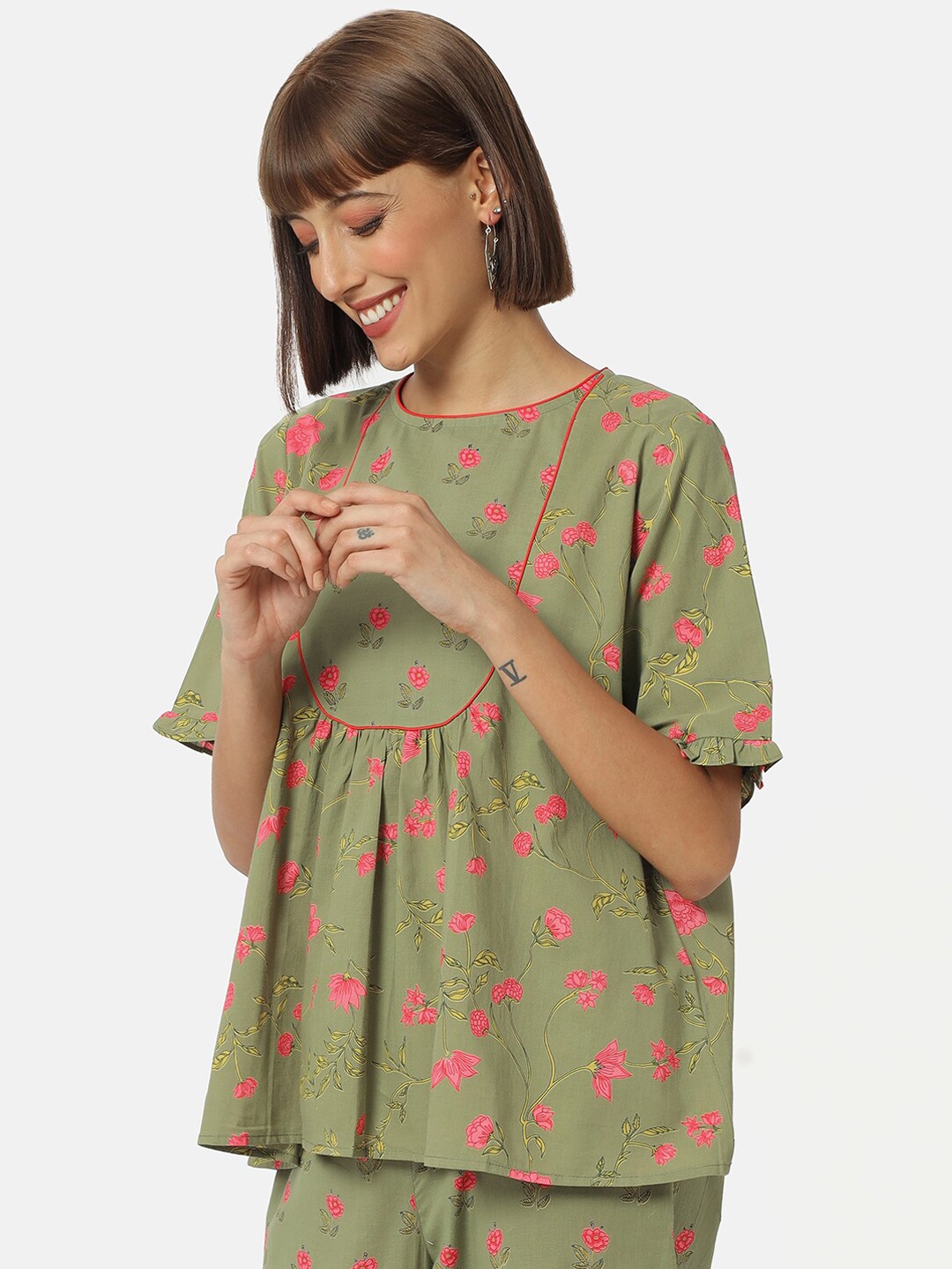 

Saaki Olive Green Floral Regular Top