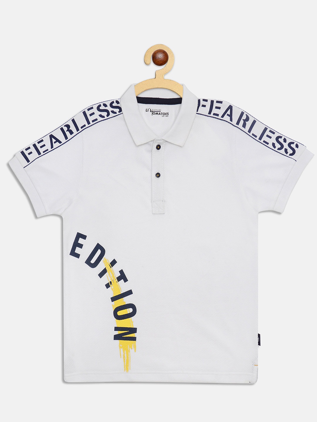 

Lil Tomatoes Boys White Typography Polo Collar T-shirt