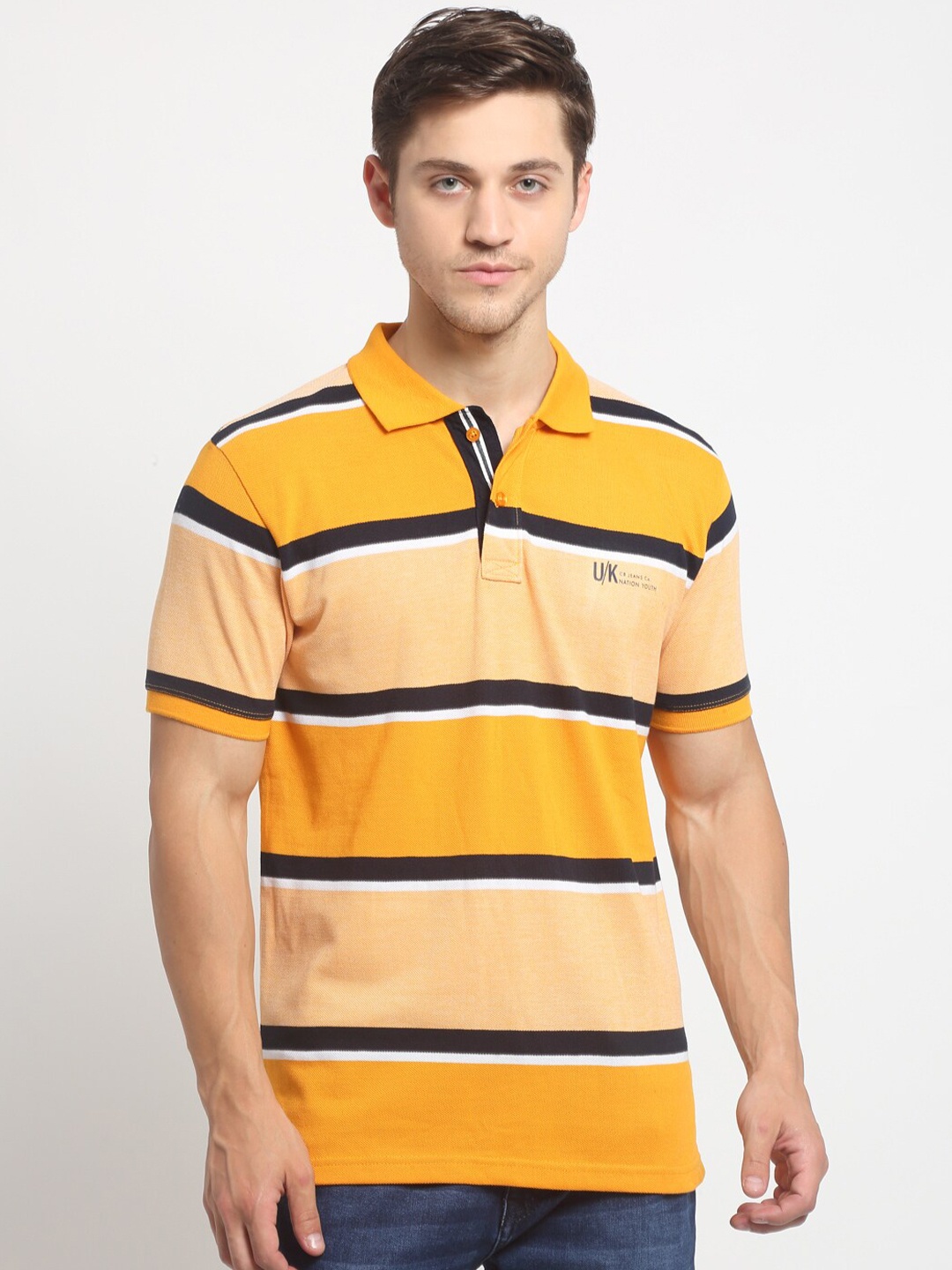 

Cantabil Men Mustard Yellow Striped Polo Collar Slim Fit T-shirt