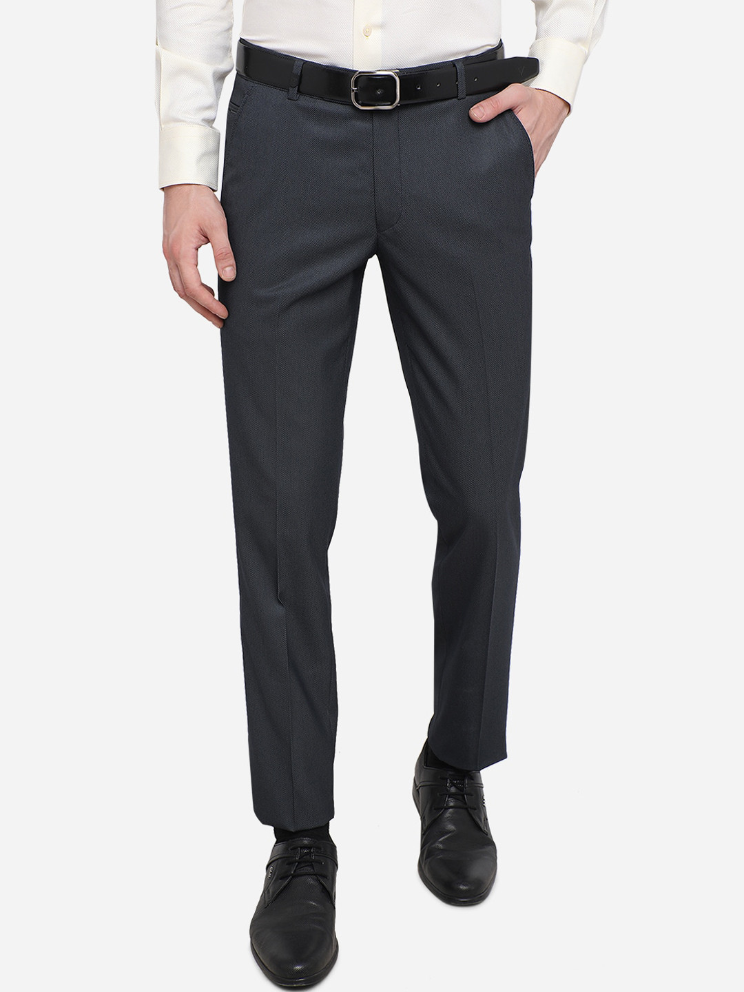 

JB STUDIO Men Navy Blue Textured Super Slim Fit Formal Trousers
