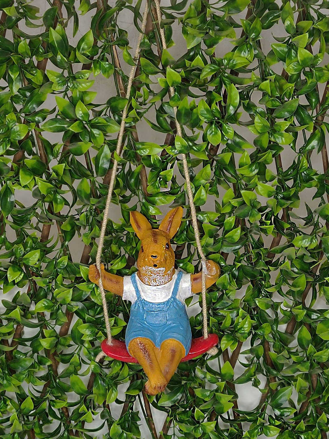 

Wonderland Brown & Blue Rabbit On Swing Outdoor Garden Accessory