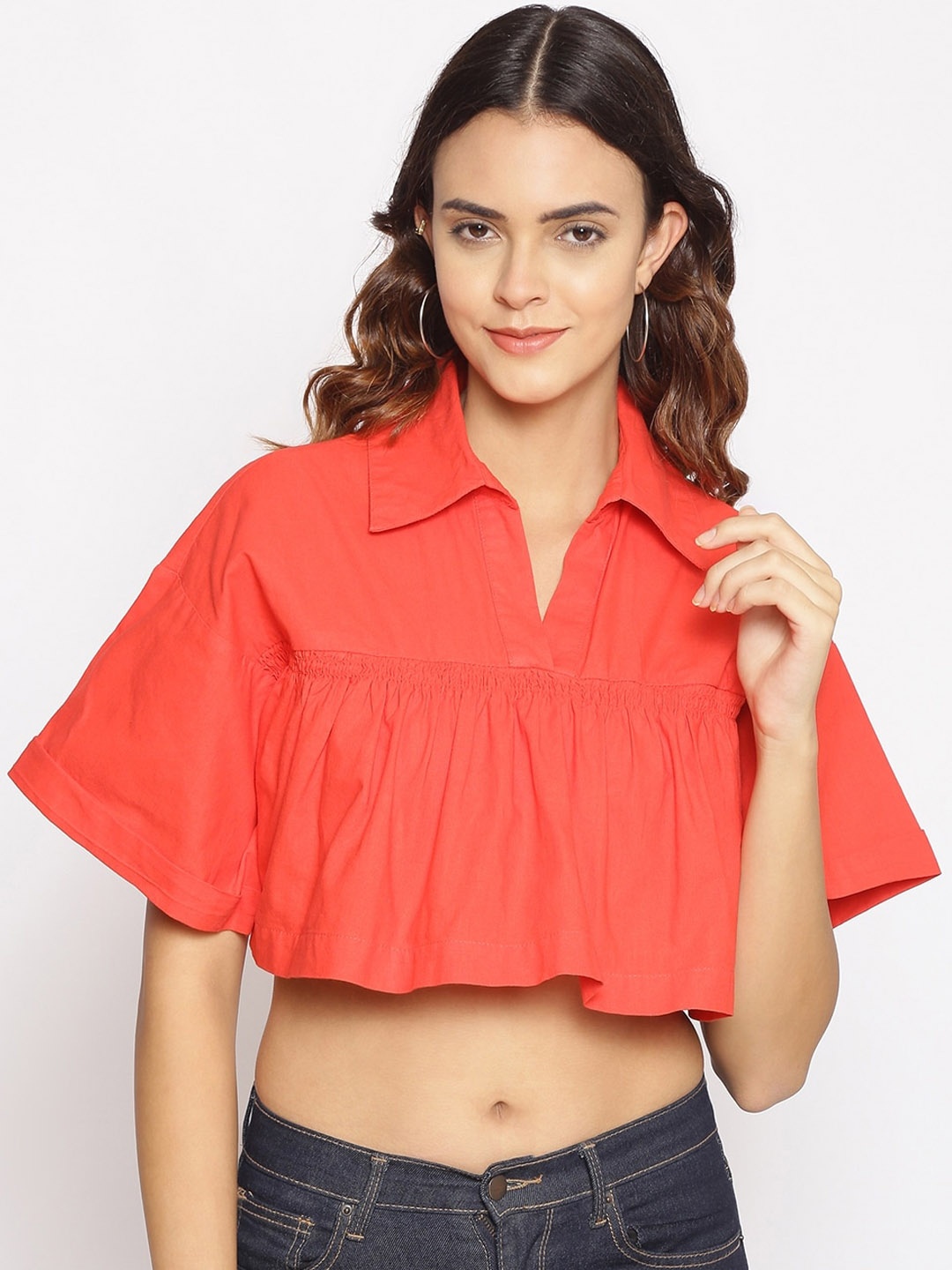 

Oxolloxo Orange Kimono Sleeve Shirt Style Crop Top