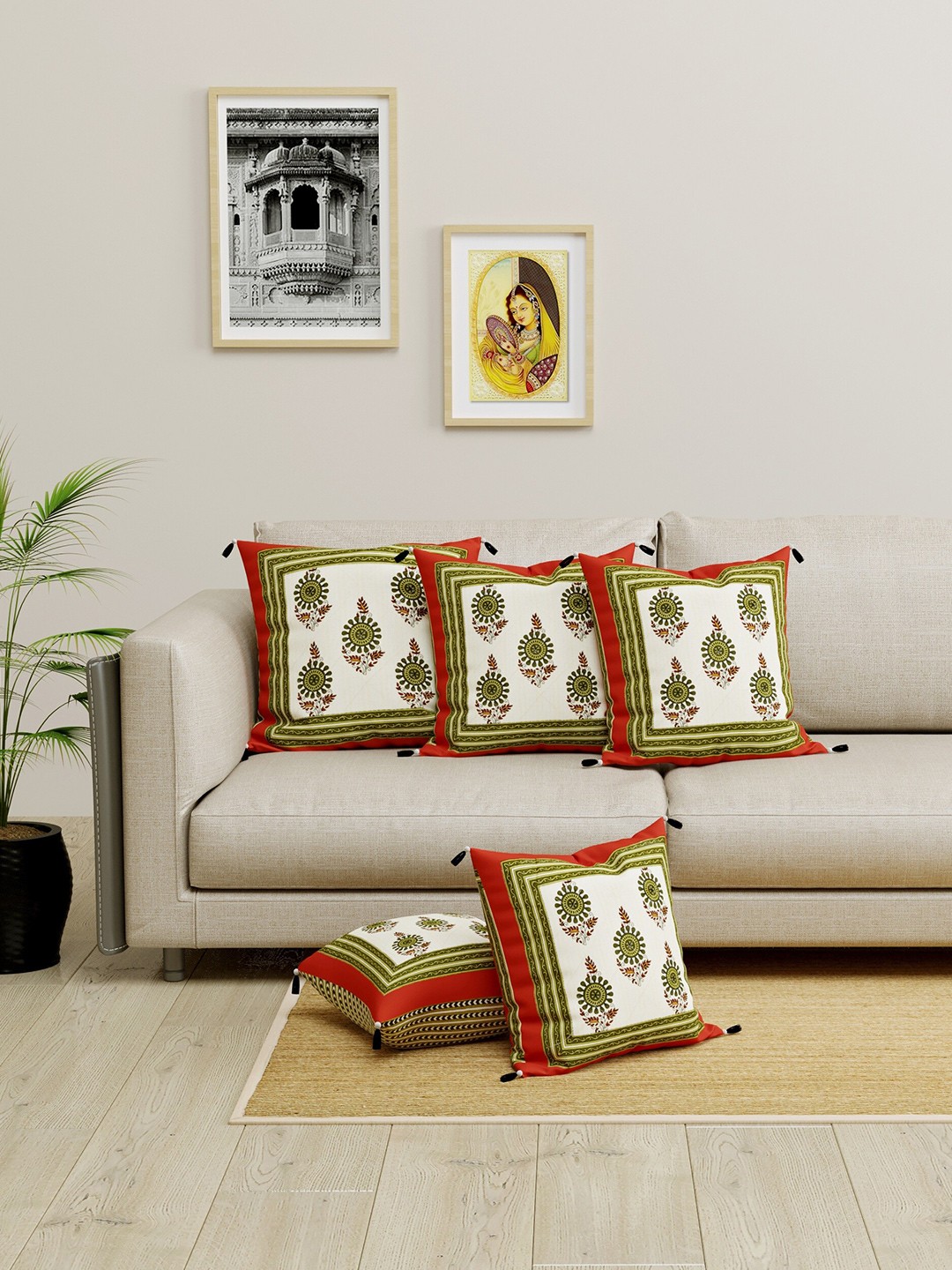 

LIVING ROOTS Set of 5 Cream-Coloured & Green Ethnic Motifs Square Cushion Covers