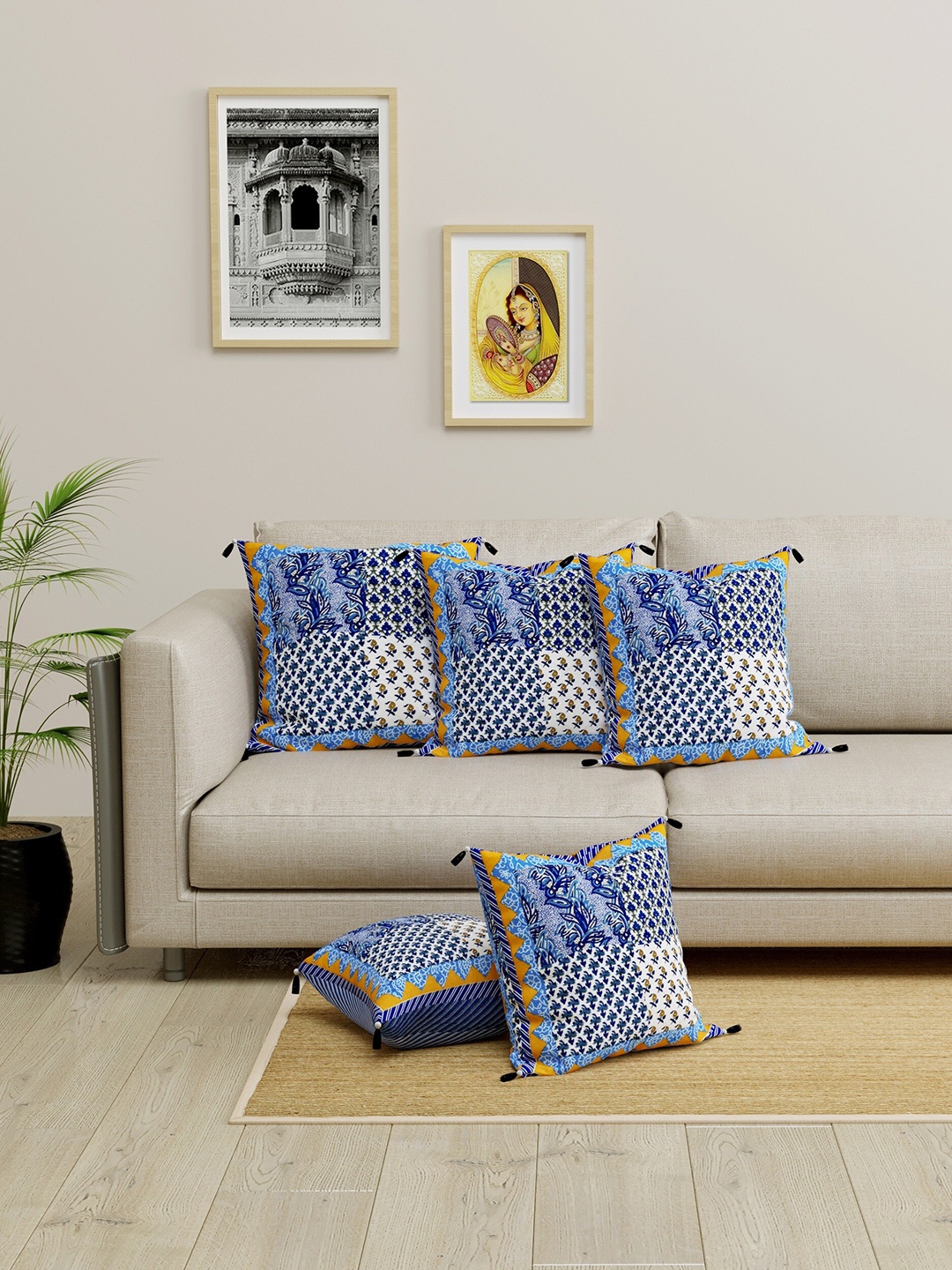 

LIVING ROOTS Blue & White Set of 5 Ethnic Motifs Square Cushion Covers