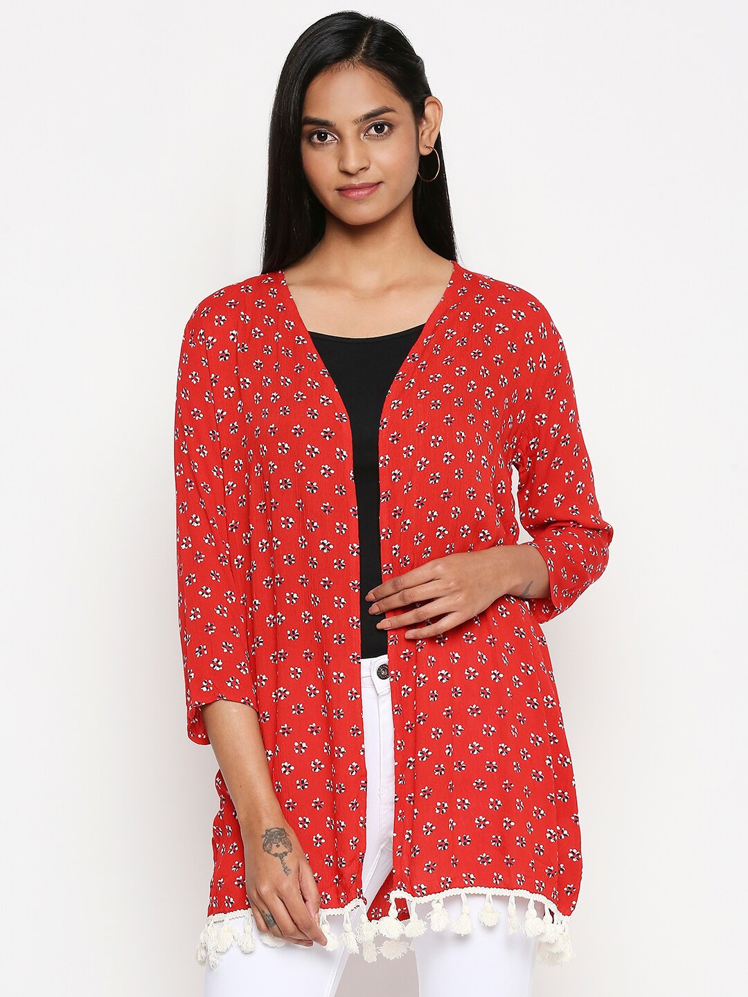 

People Women Red & White Printed Tasselled Shrug