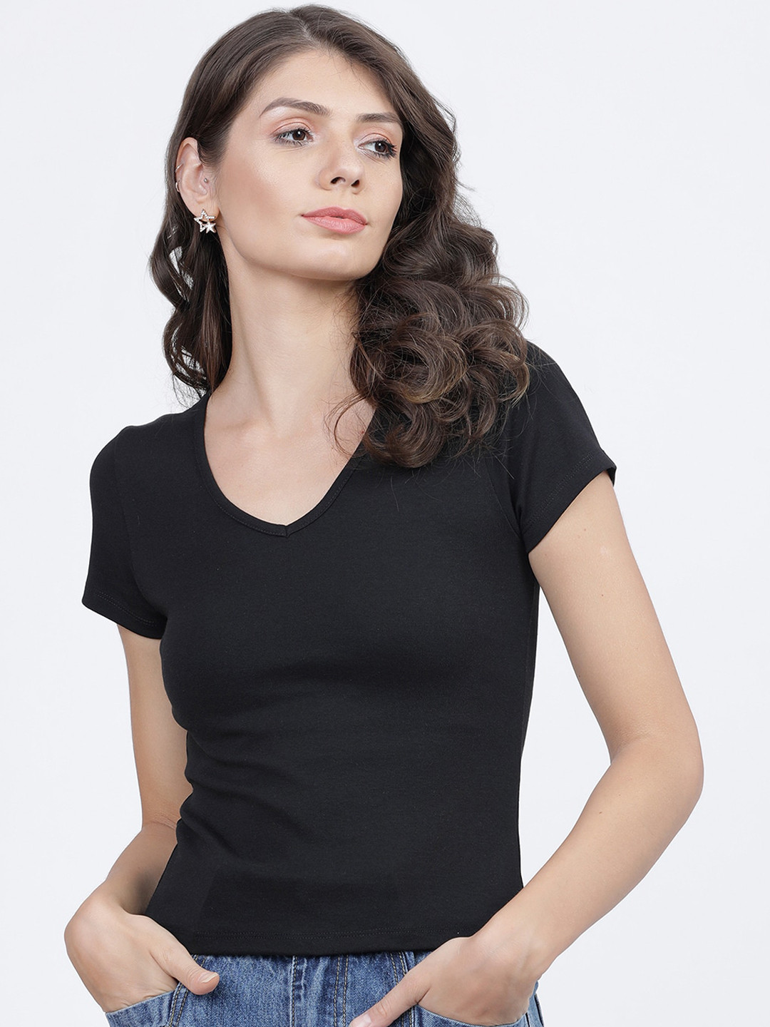 

Tokyo Talkies Women Black V-Neck T-shirt