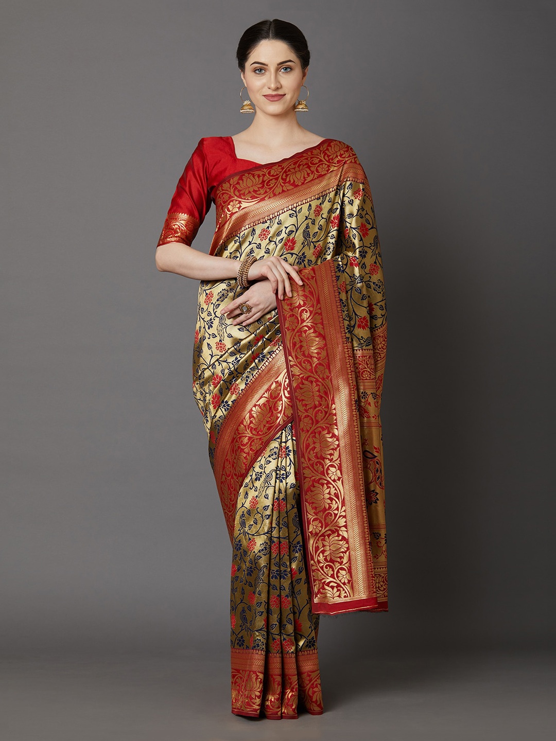 

Mitera Gold & Red Floral Zari Silk Blend Heavy Work Banarasi Saree