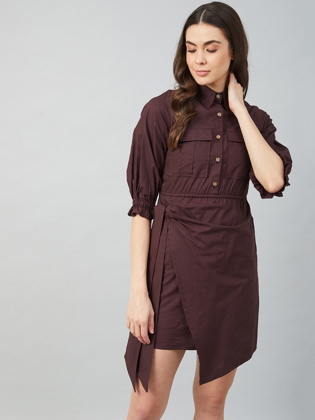 

Athena Women Brown Cotton Wrap Dress with Front Pocket Detail