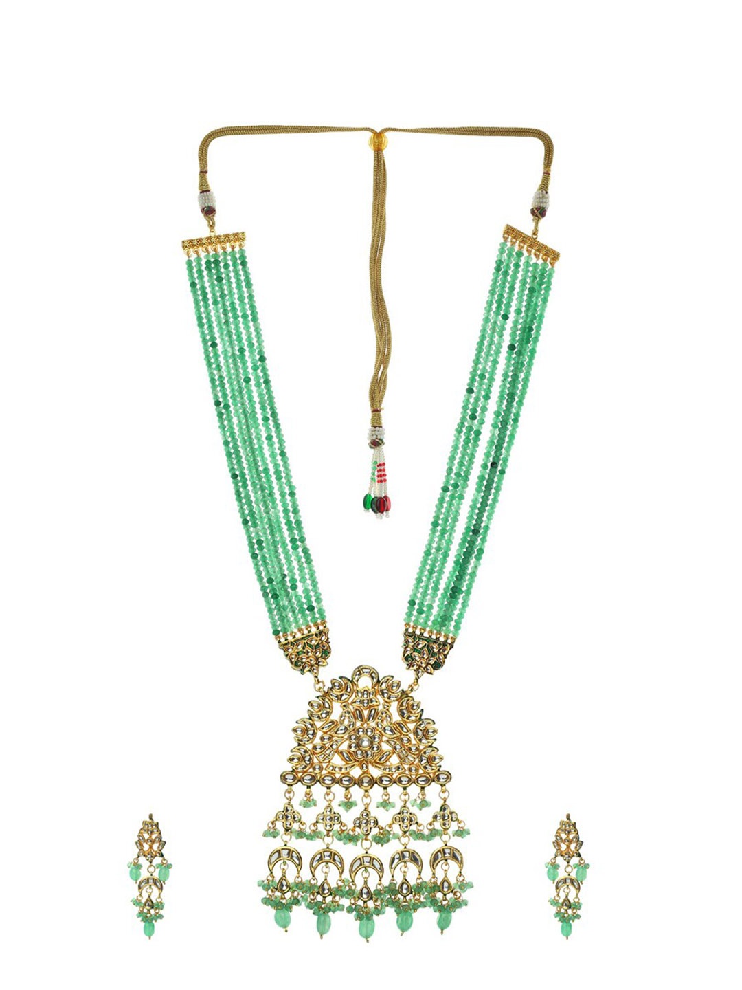 

Runjhun Gold-Plated Green & White Kundan-Studded & Beaded Jadau Jewellery Set