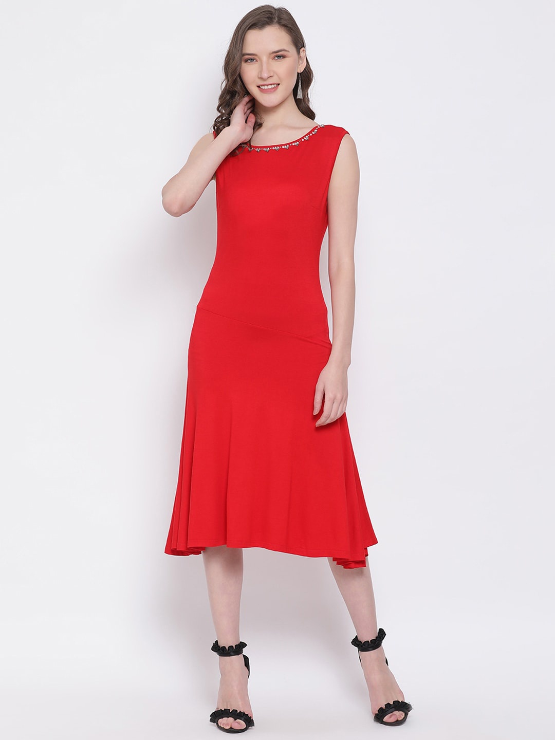 

LY2 Red Cotton A-Line Midi Dress