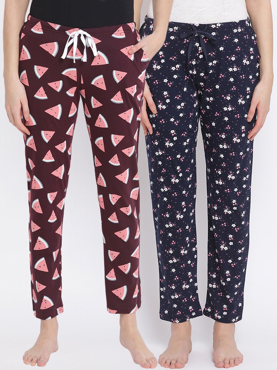 

Kanvin Women Pack Of 2 Printed Pure Cotton Lounge Pants, Blue
