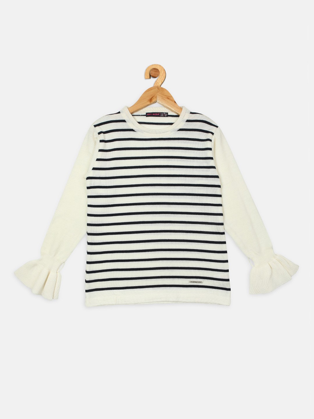

Nins Moda White & Black Striped Bell Sleeve Woolen Top
