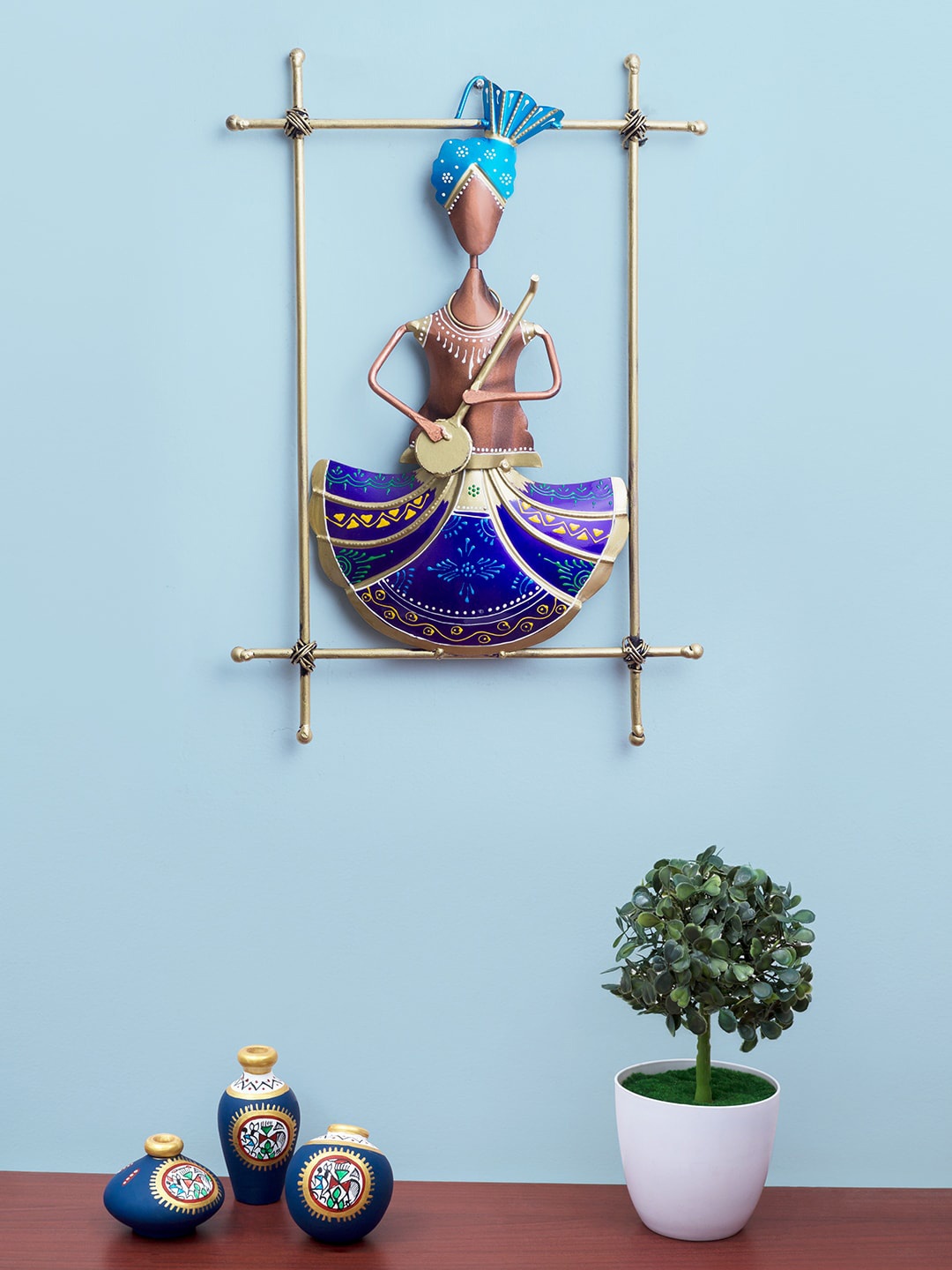 

Golden Peacock Blue & Gold-Toned Iron Handcrafted Musician Frame Wall Decor