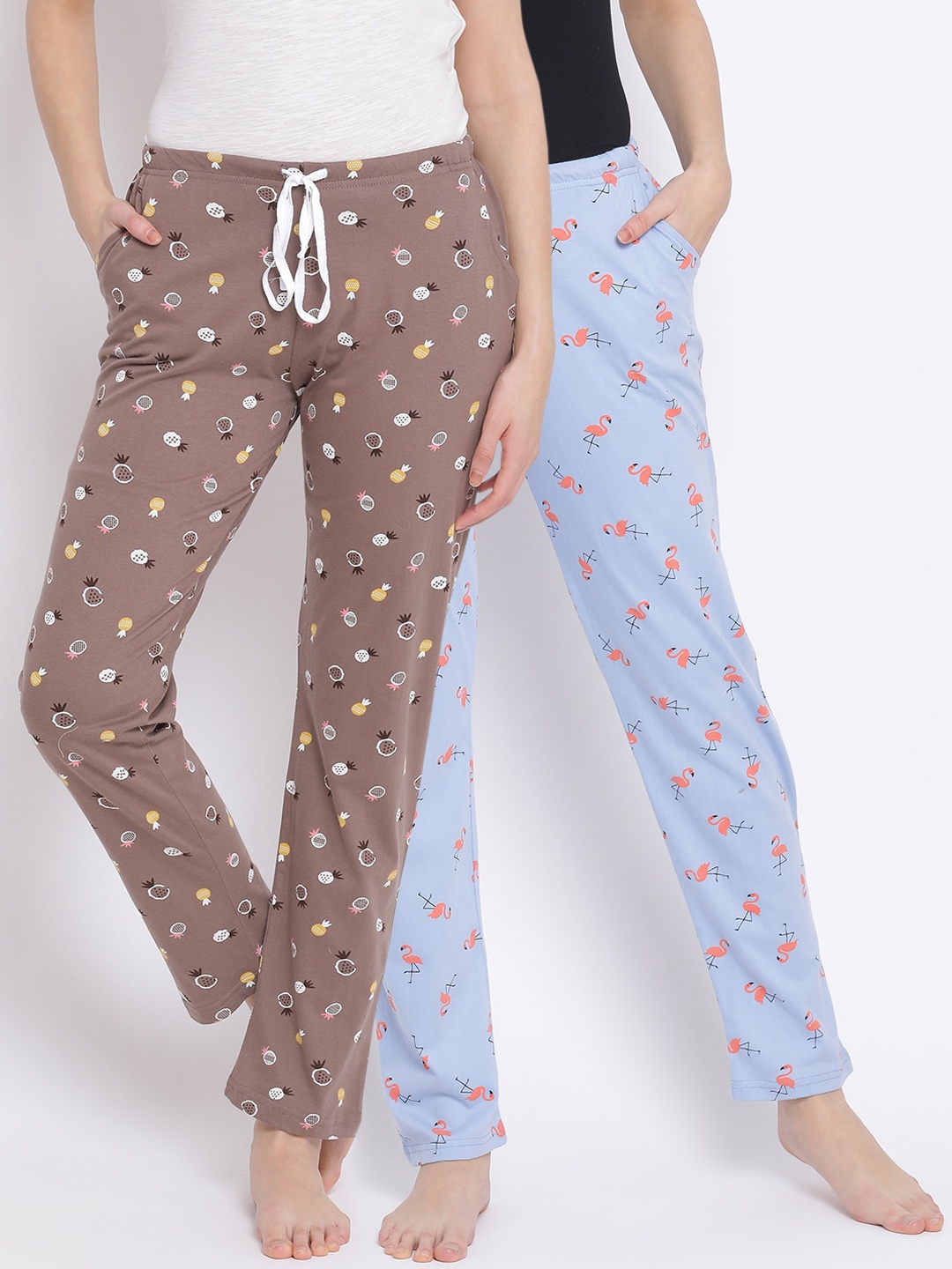 

Kanvin Women Pack of 2 Printed Pure Cotton Lounge Pants, Brown