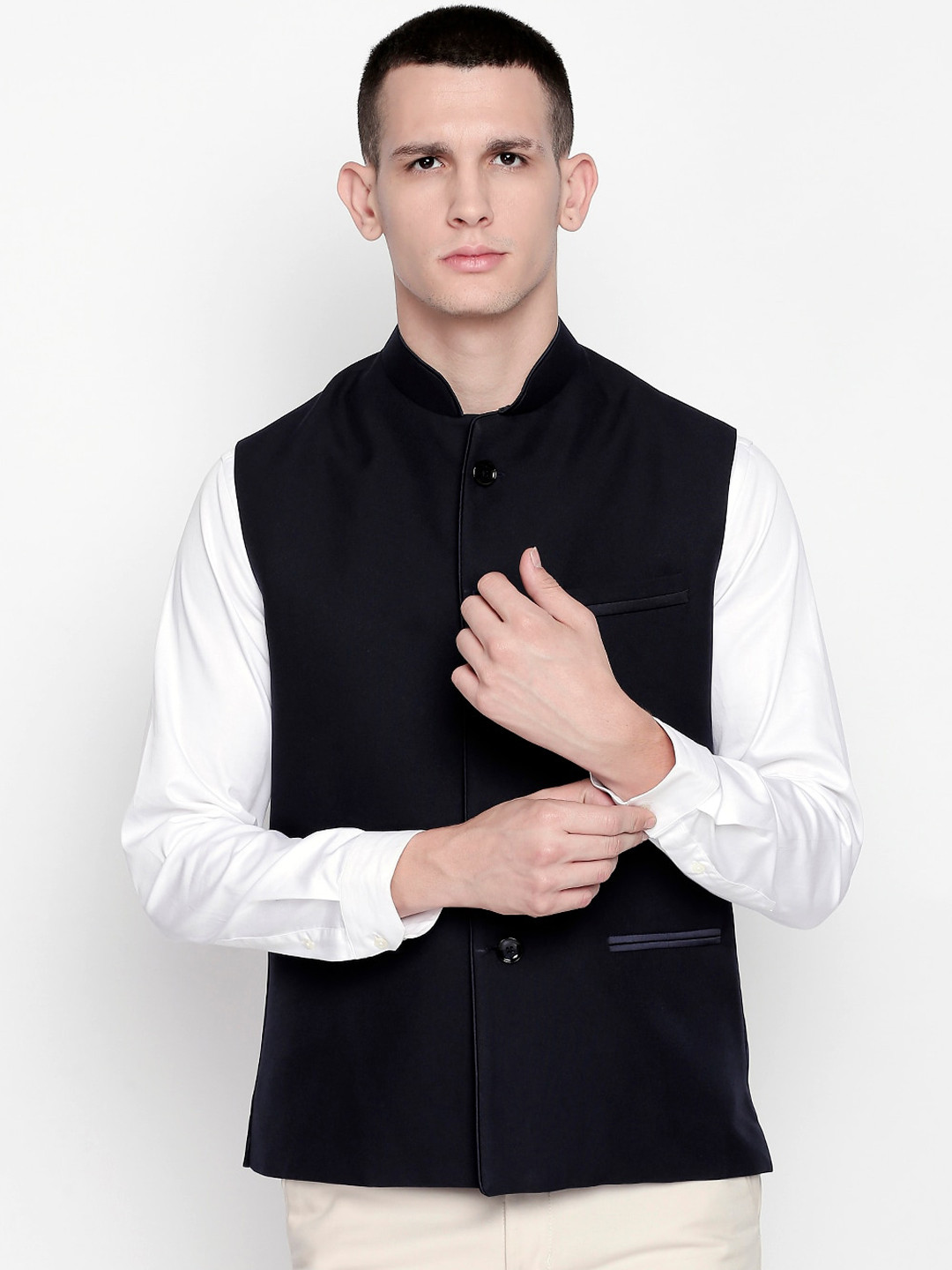 

Blacksmith Men Navy Blue Solid Woven Nehru Jacket