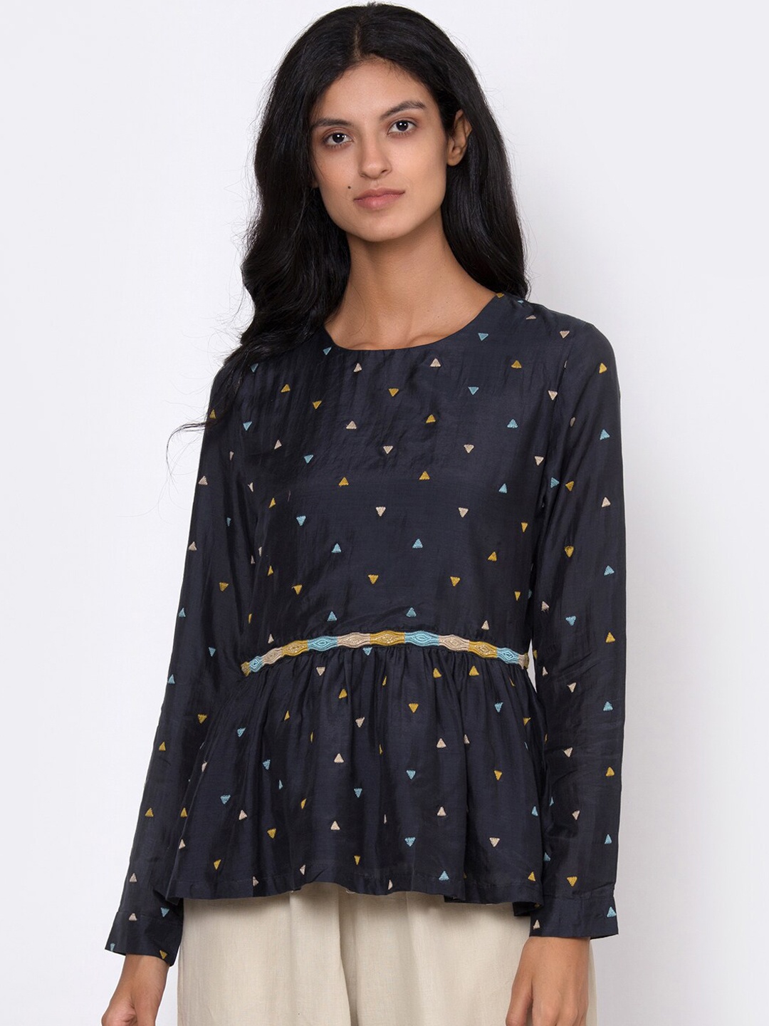 

ROOTED Navy Blue Printed Peplum Top