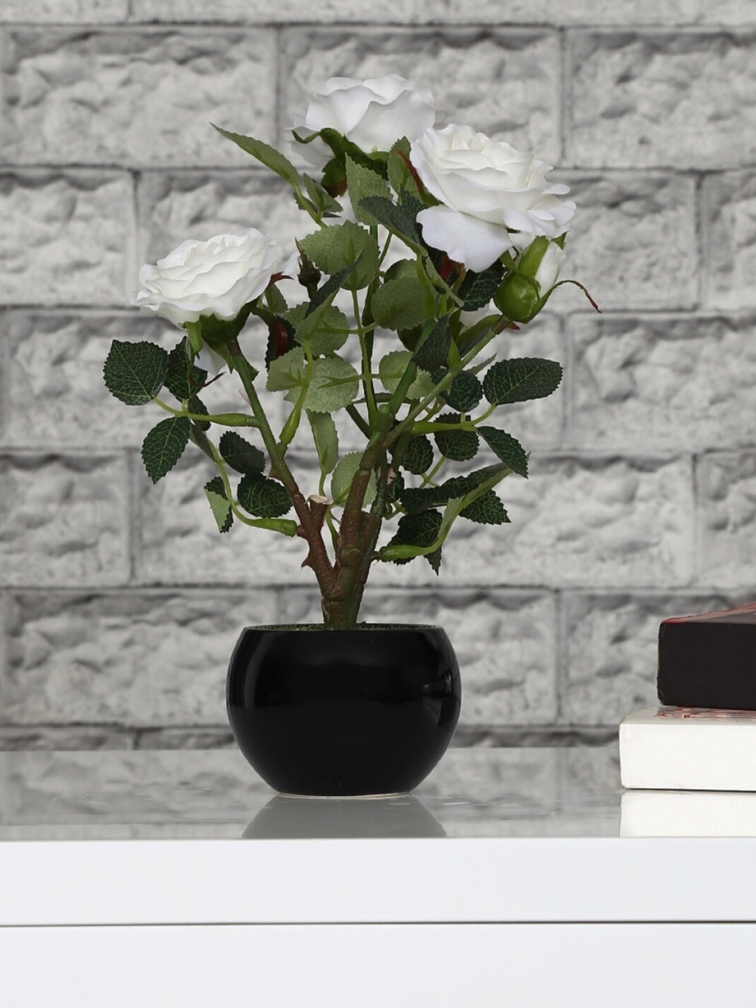 

Home Centre Black & White Plastic Rose In Ceramic Pot