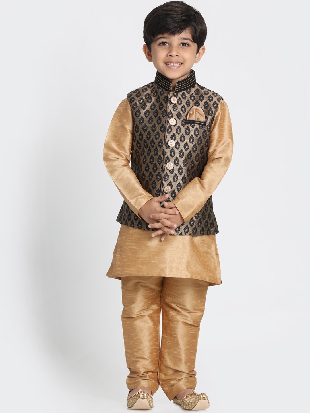 

VASTRAMAY Boys Gold Ethnic Motifs Kurta with Pyjamas And Nehru Jacket