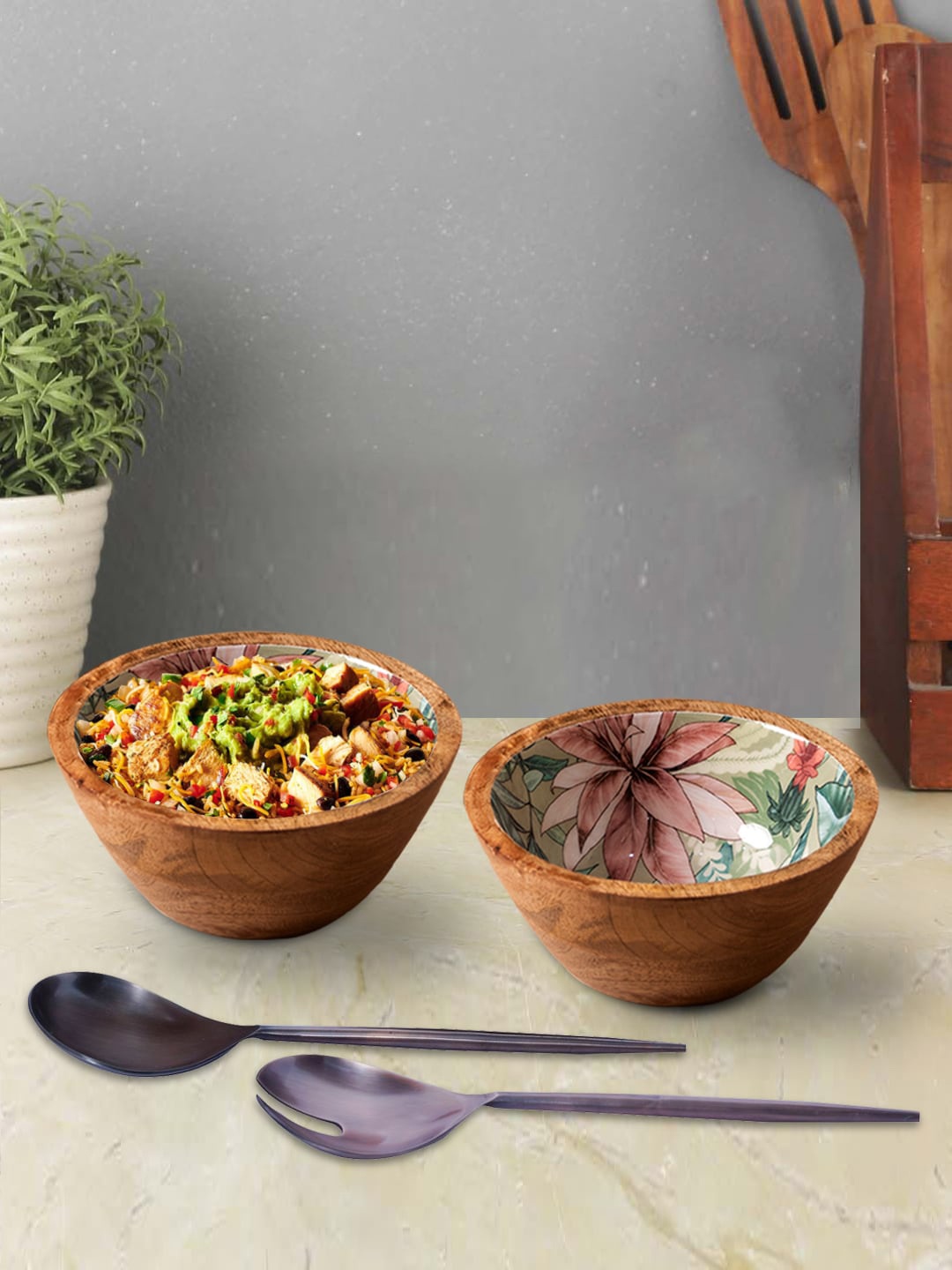 

nestroots Set Of 4 Green & Black Printed Bowls & Servers
