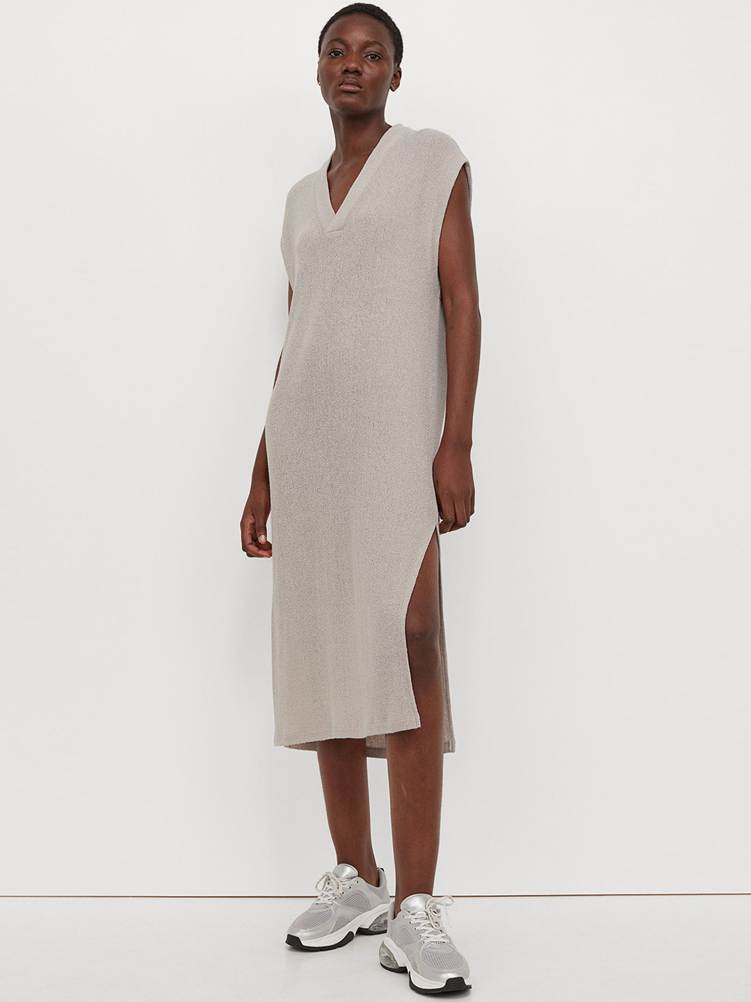

H&M Beige Self Design Knitted Sweater Dress