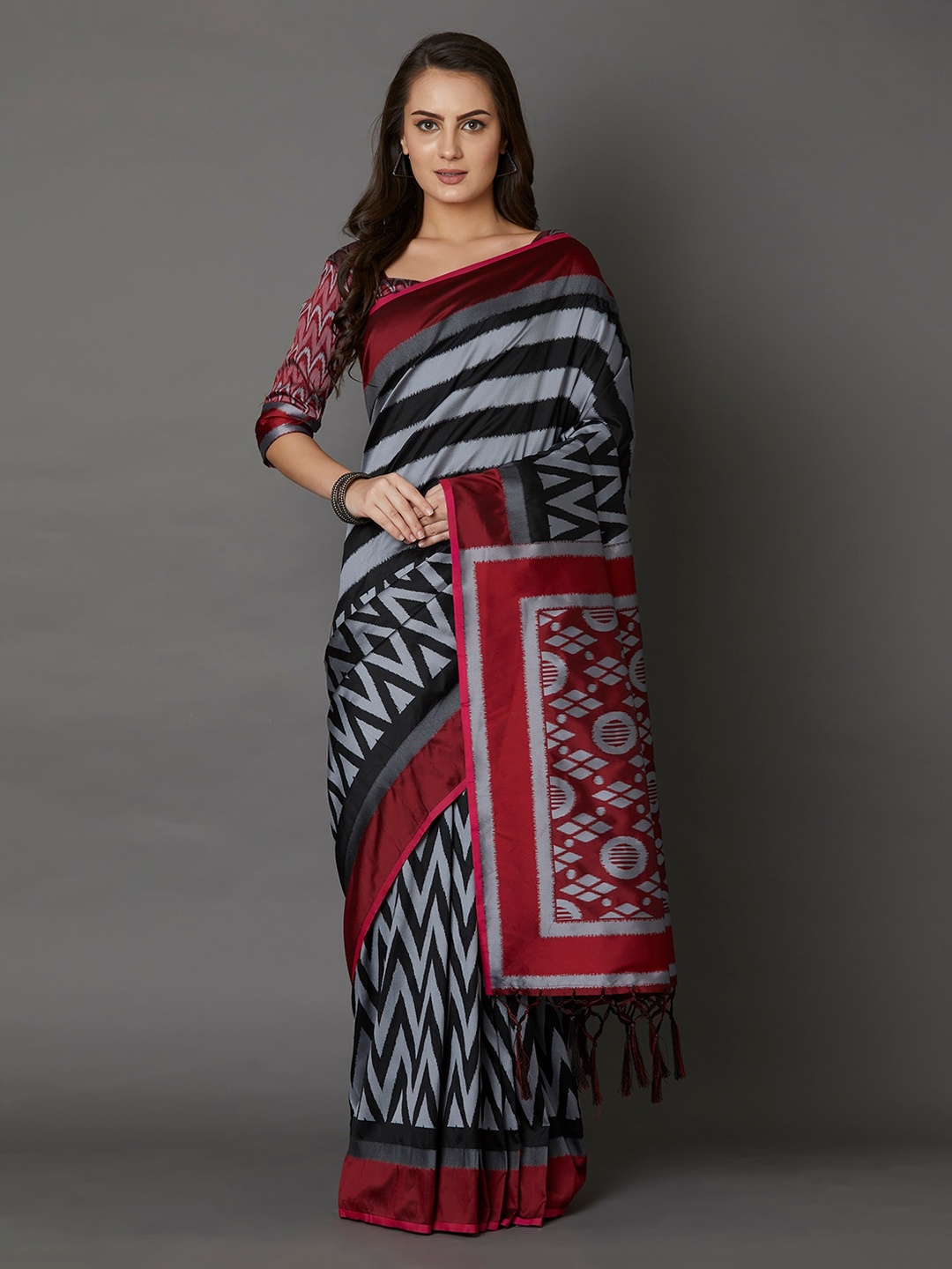 

Mitera Black & Red Striped Silk Cotton Banarasi Saree
