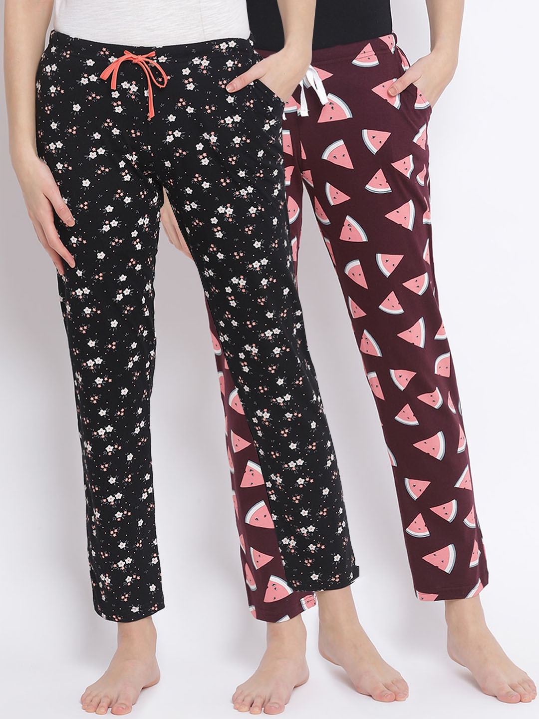 

Kanvin Women Pack Of 2 Printed Pure Cotton Lounge Pants, Black