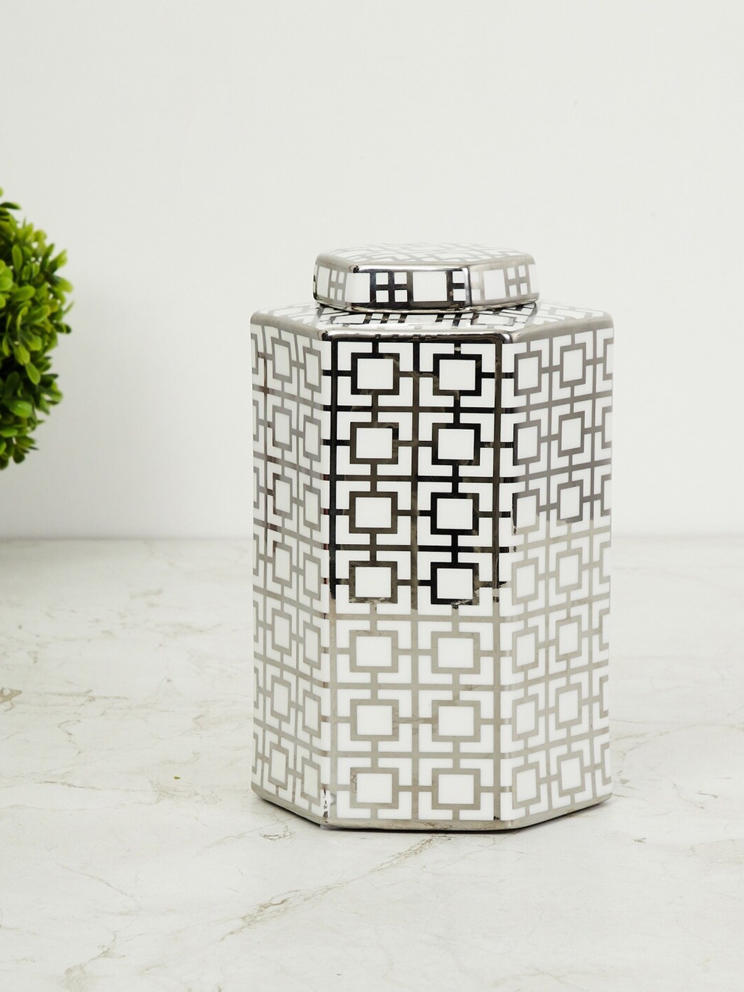 

Home Centre White & Black Splendid Decal Decor Jar With Lid