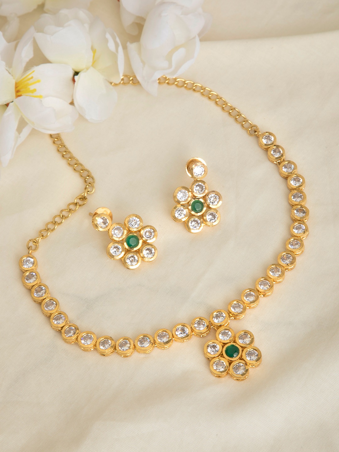 

INDYA Gold-Plated Green & White Stone-Studded Jewellery Set