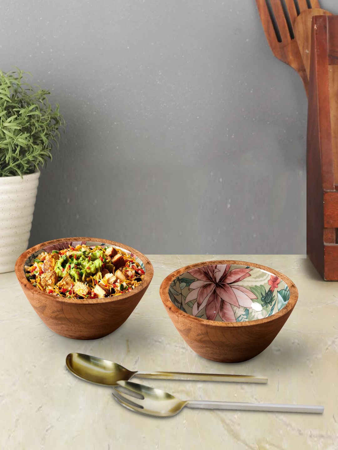 

nestroots Brown & Green 2 Bowls with Spoon & Fork Set