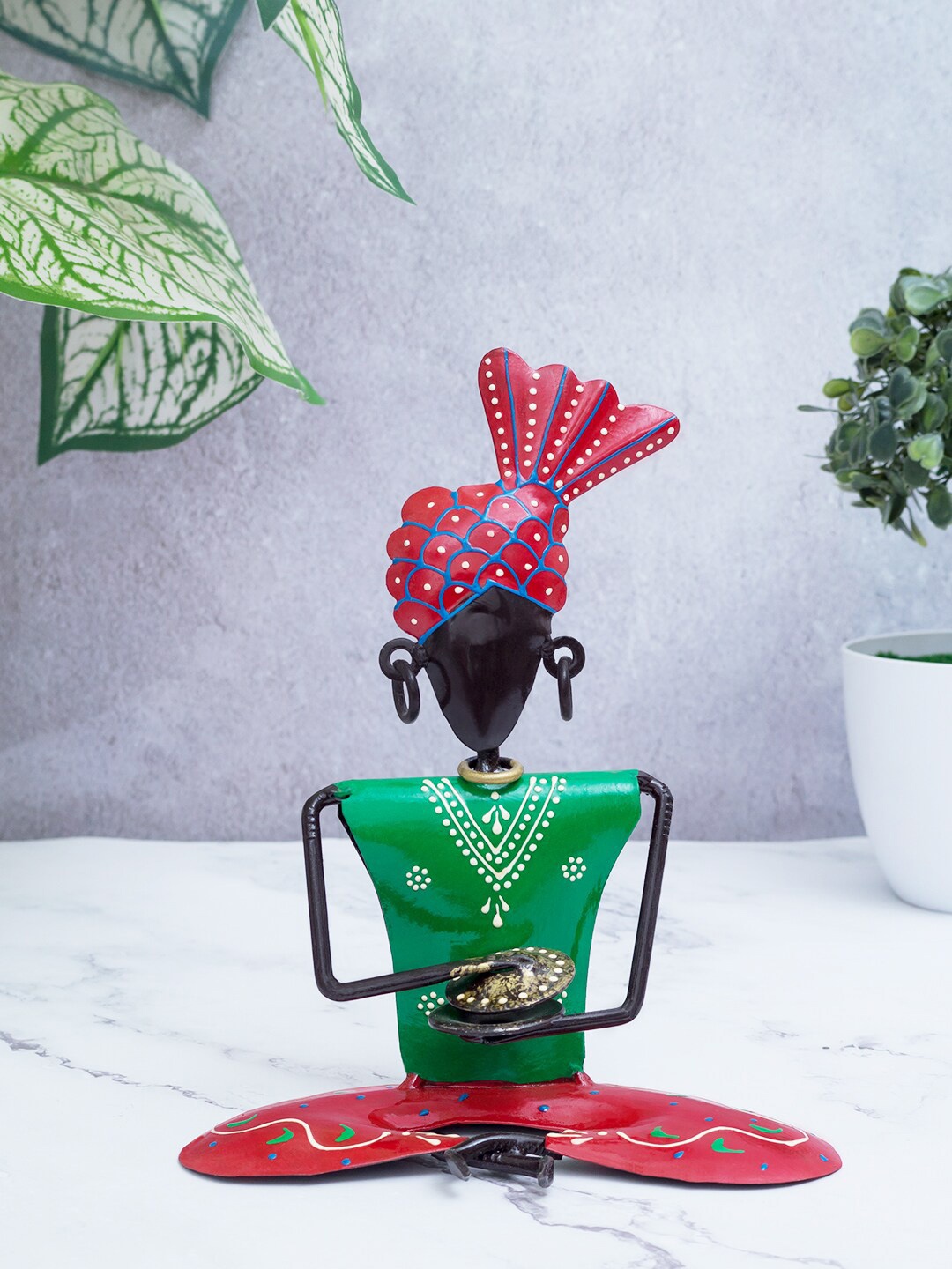 

Golden Peacock Green & Red Handcrafted Tribal Man Musicians Showpiece
