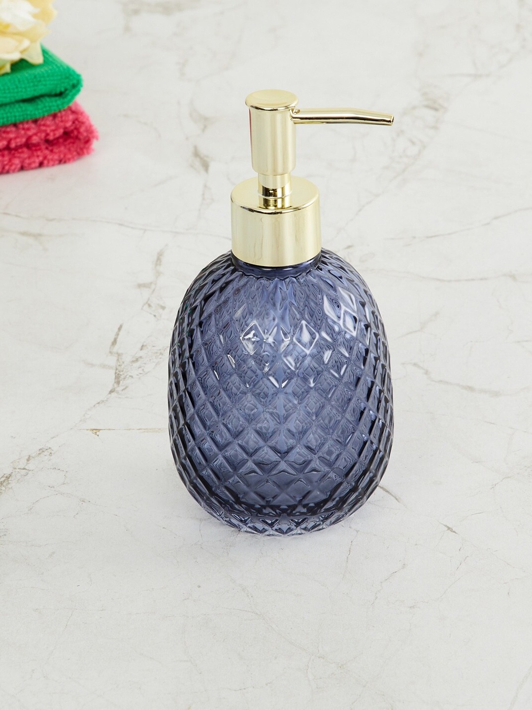 

Home Centre Blue & Gold-Toned Organic Glass Soap Dispenser