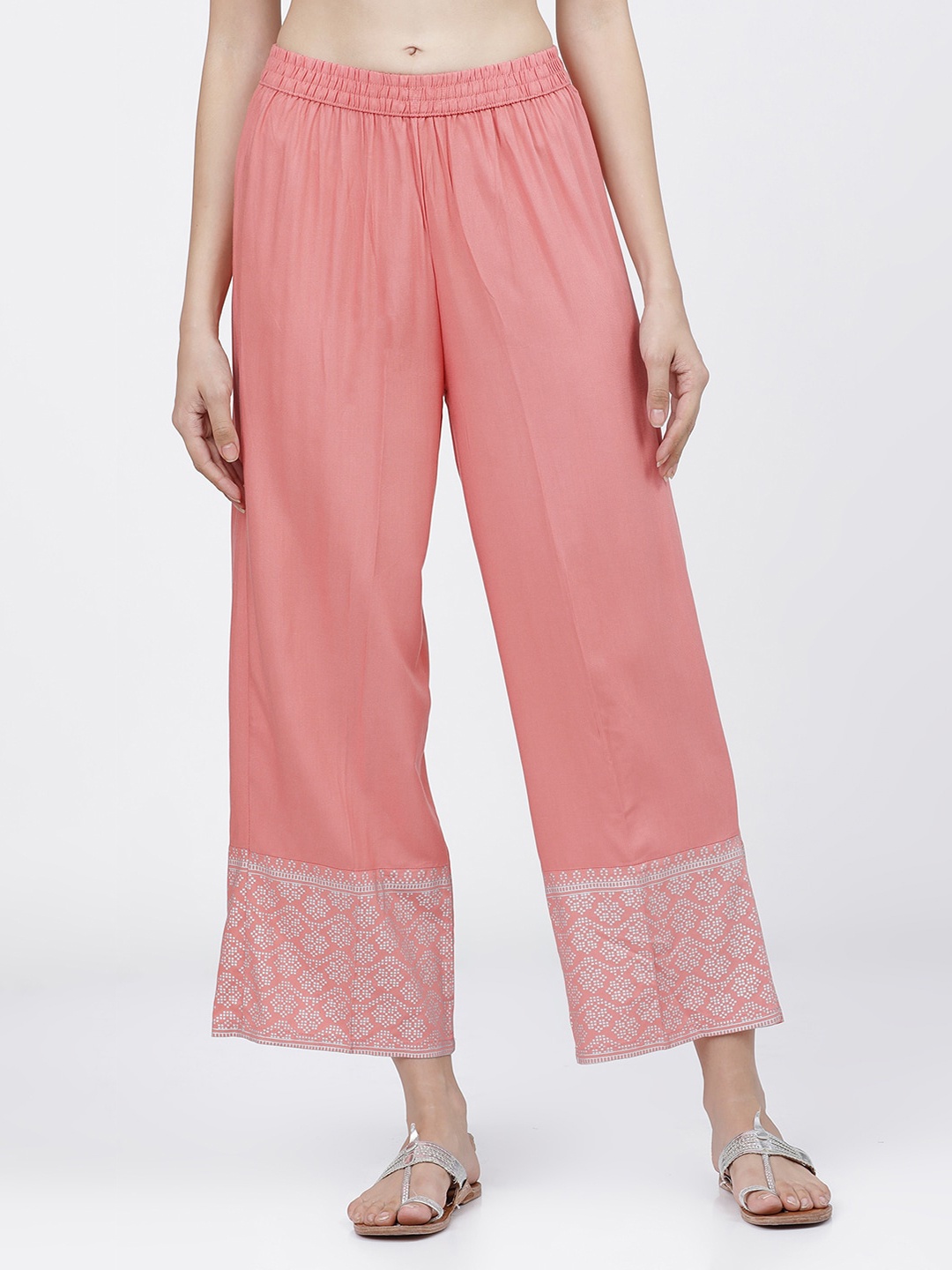 Vishudh Women Coral & Silver-Toned Ethnic Motifs Hem Design Ethnic Palazzos
