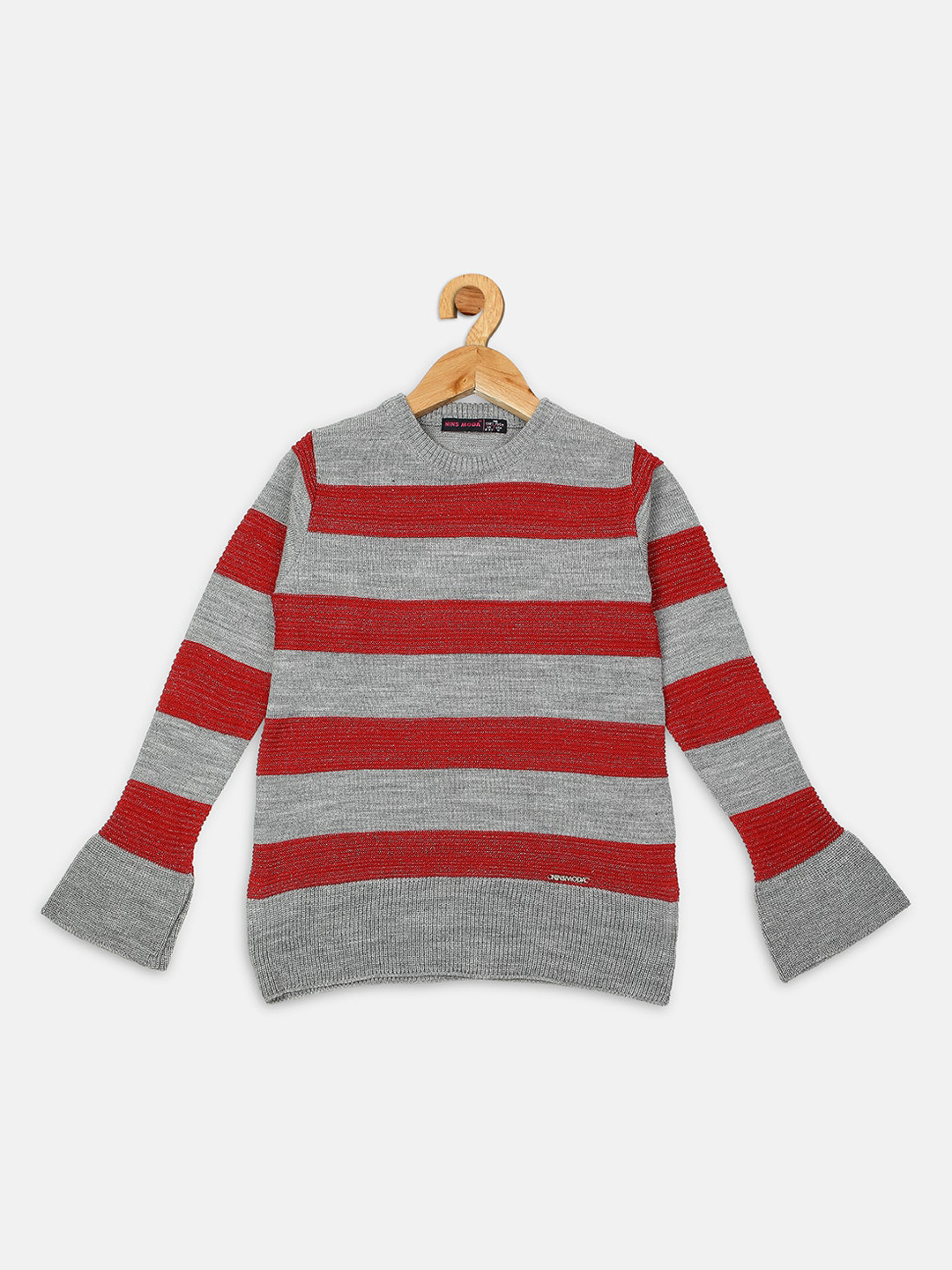 

Nins Moda Girls Red & Grey Striped Bell Sleeve Regular Top