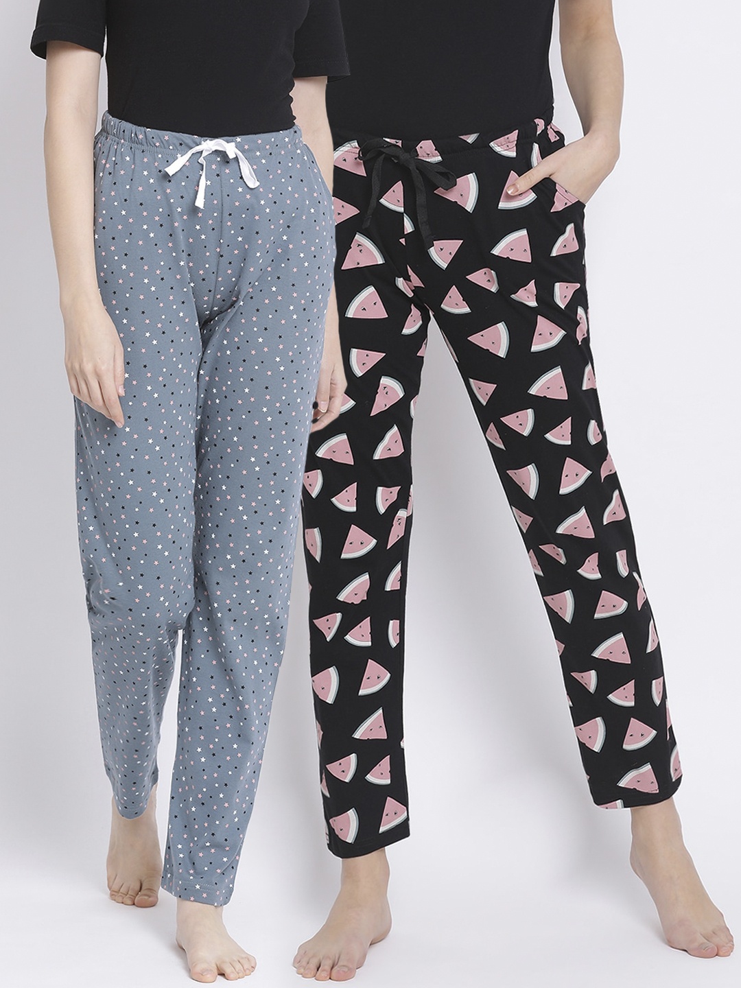 

Kanvin Women Pack Of 2 Printed Pure Cotton Lounge Pants, Black