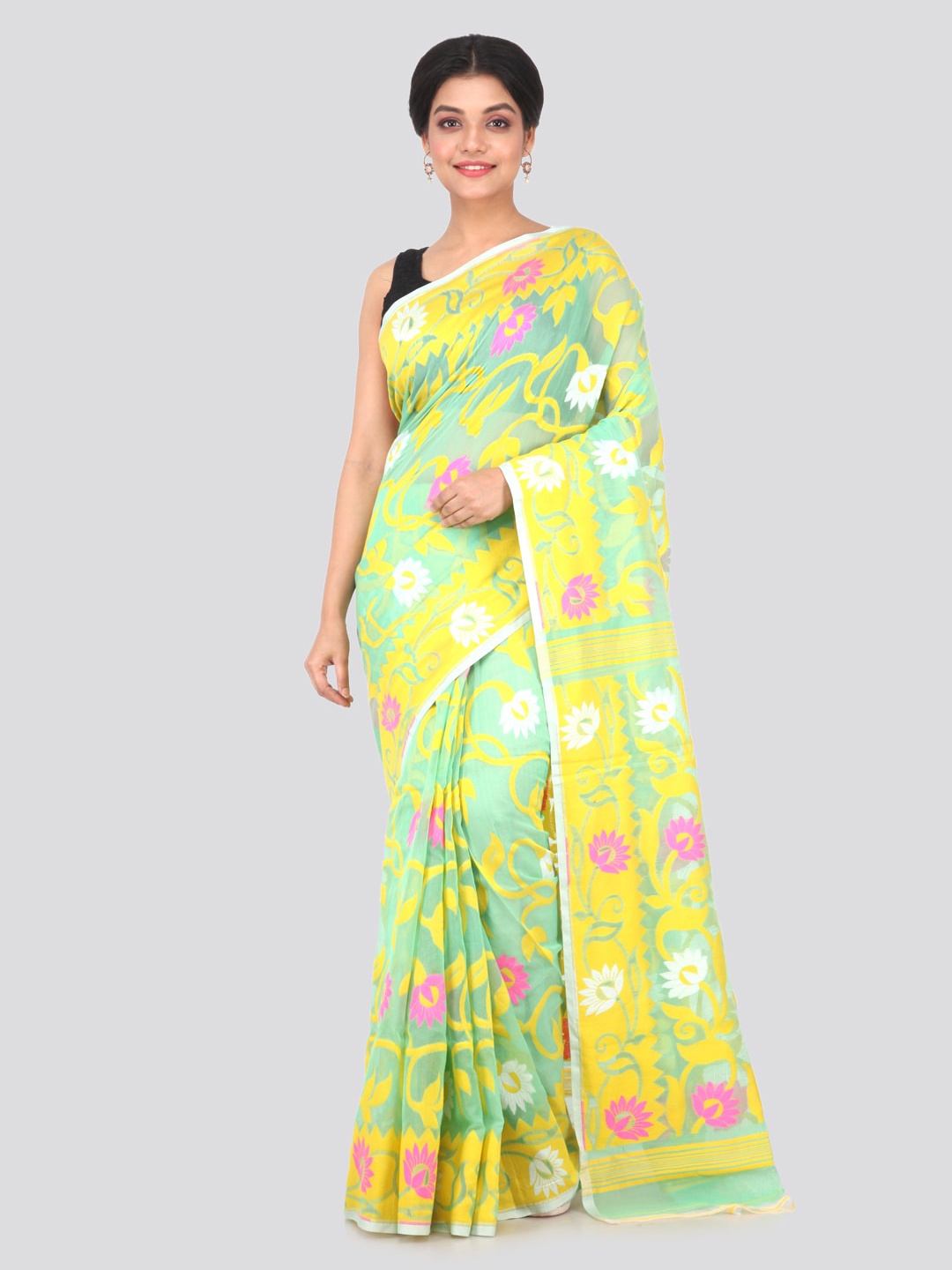 

PinkLoom Lime Green & Yellow Pure Cotton Woven Design Jamdani Sustainable Saree