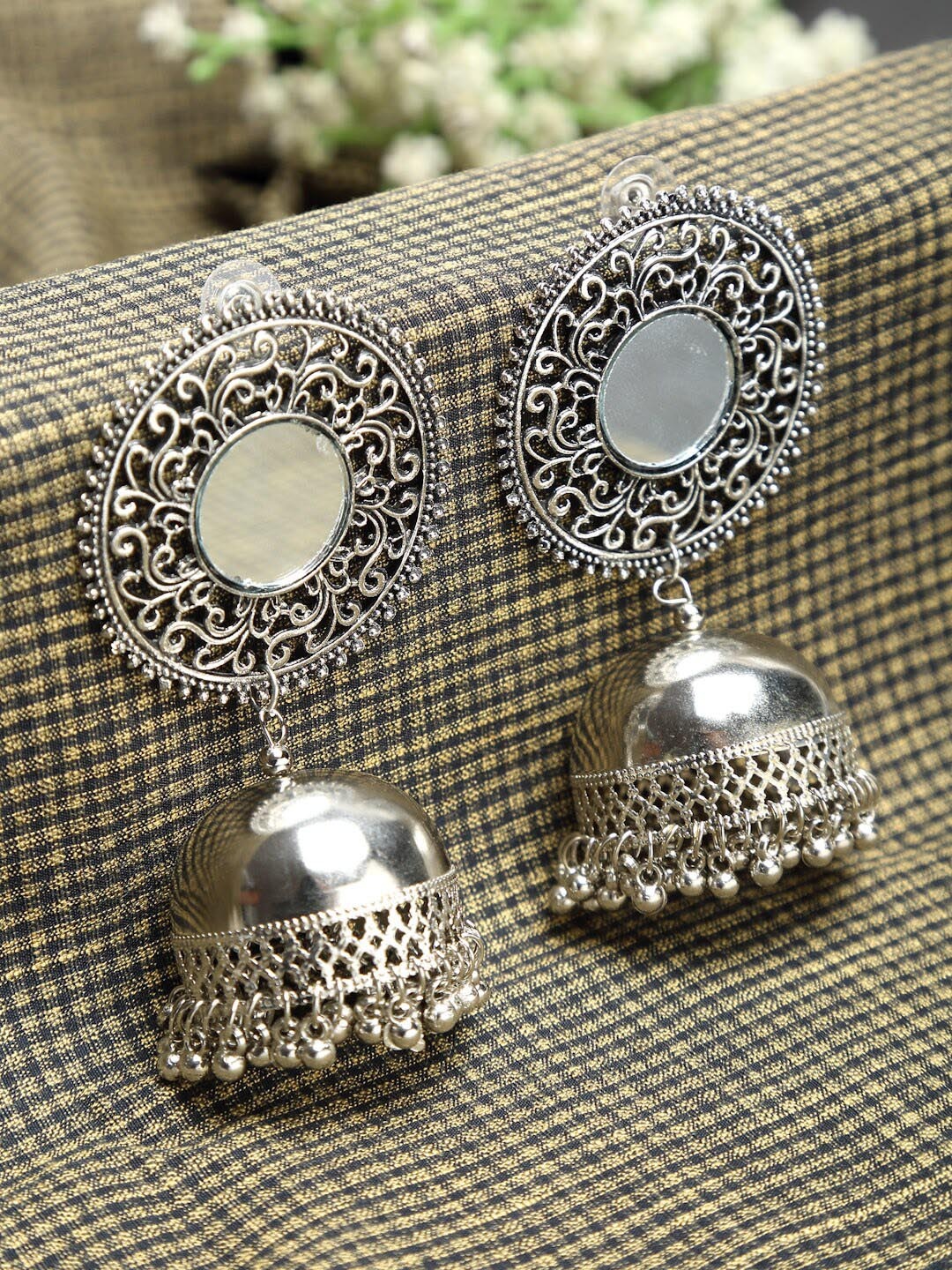 

NEUDIS Silver-Plated Mirrored Dome Shaped Jhumkas