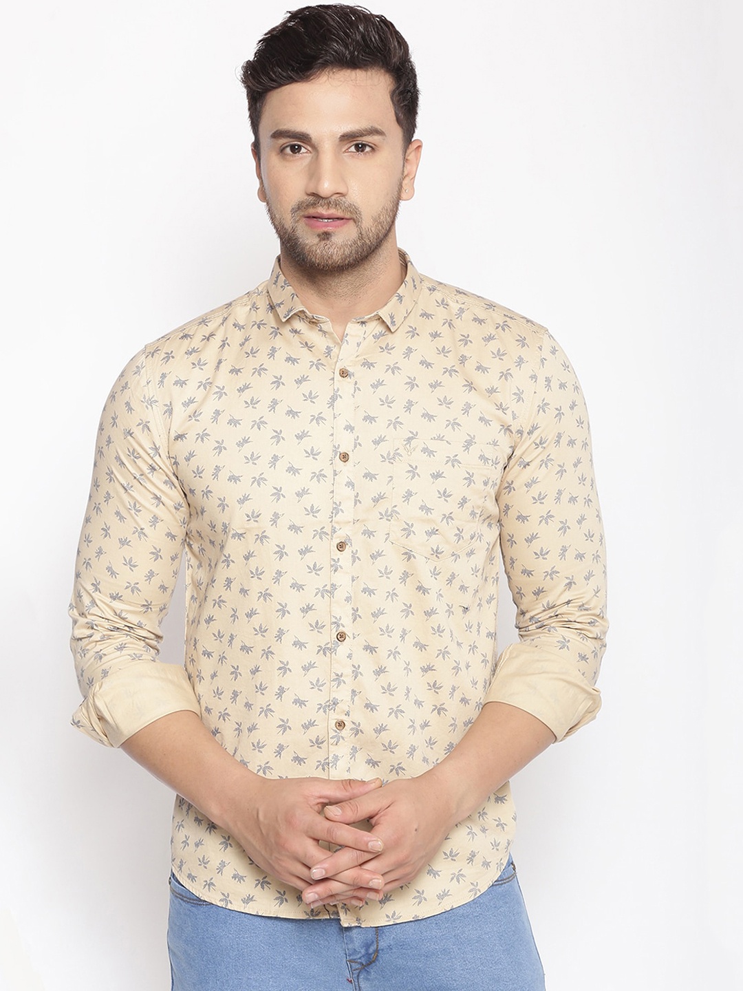 SHOWOFF Men Beige & Grey Cotton Classic Slim Fit Printed Casual Shirt