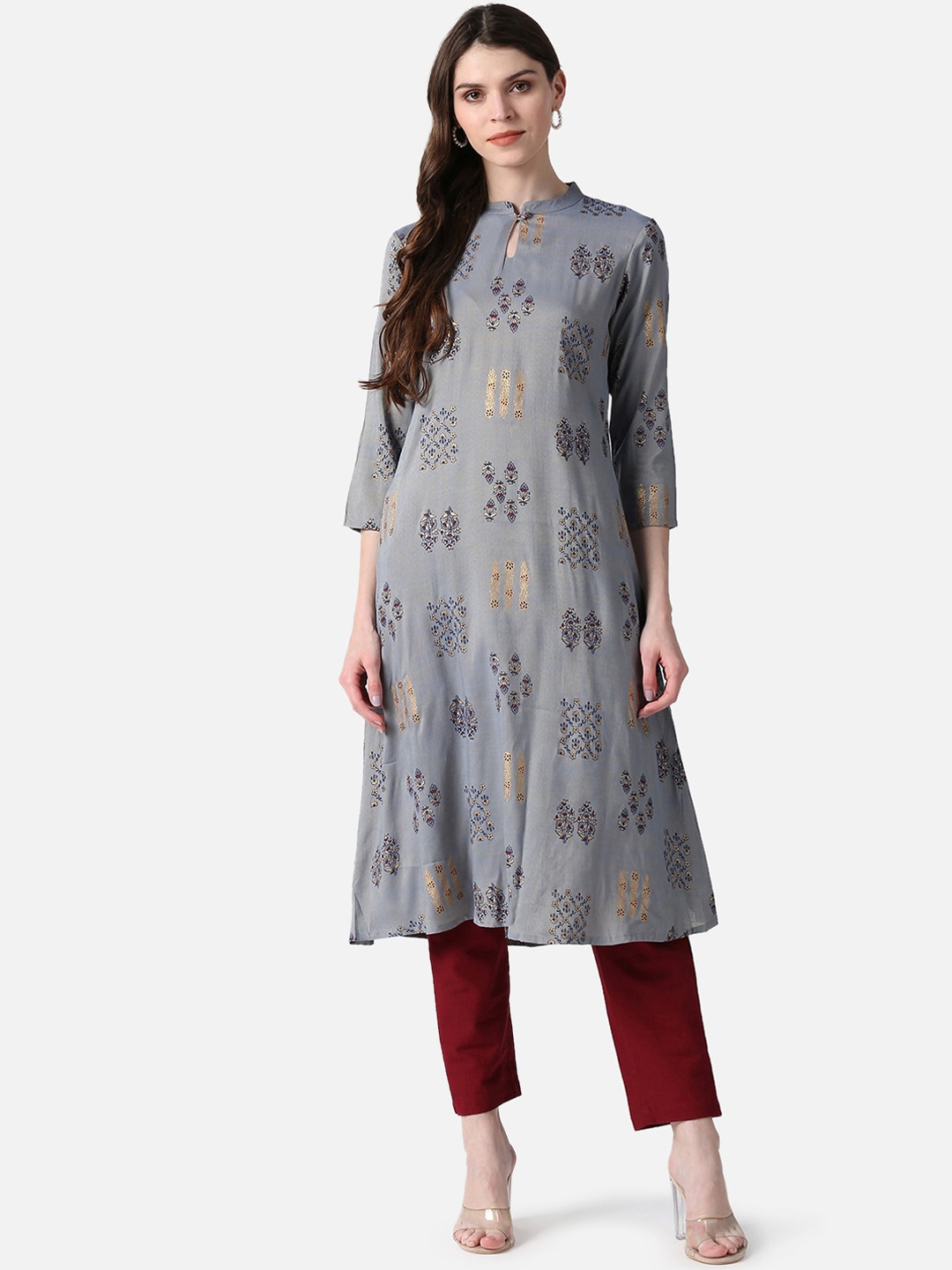 

AHIKA Women Grey Geometric Printed Keyhole Neck Kurta