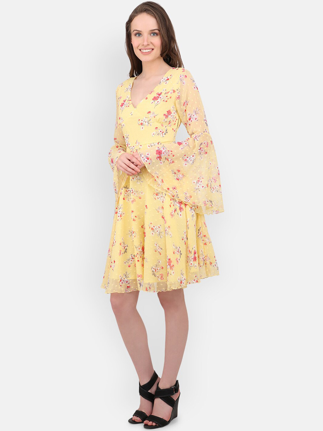 

MARC LOUIS Women Yellow & Pink Floral Printed Fit and Flare Dress