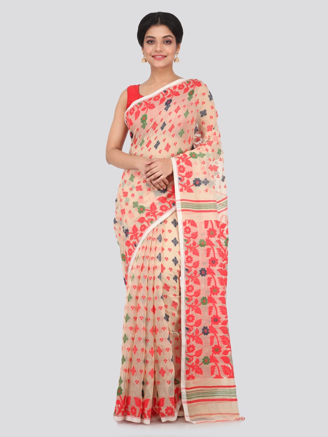 

PinkLoom Beige Woven Design Handloom Jamdani Sustainable Saree