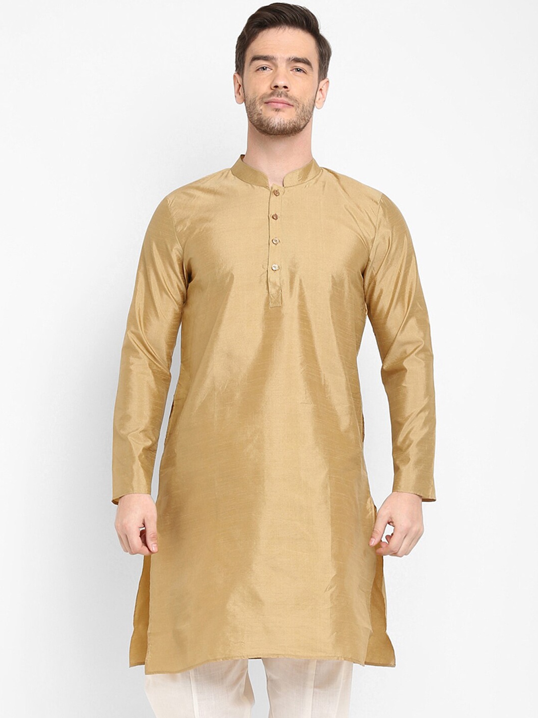 Hangup Men Khaki Mandarin Collar Kurta