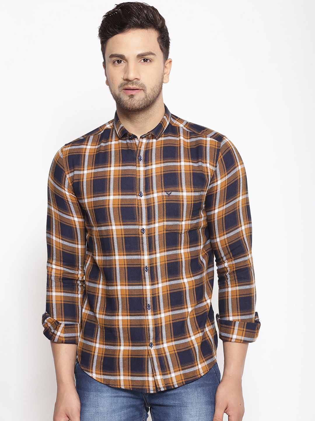 

SHOWOFF Men Navy Blue & Yellow Cotton Classic Slim Fit Checked Casual Shirt
